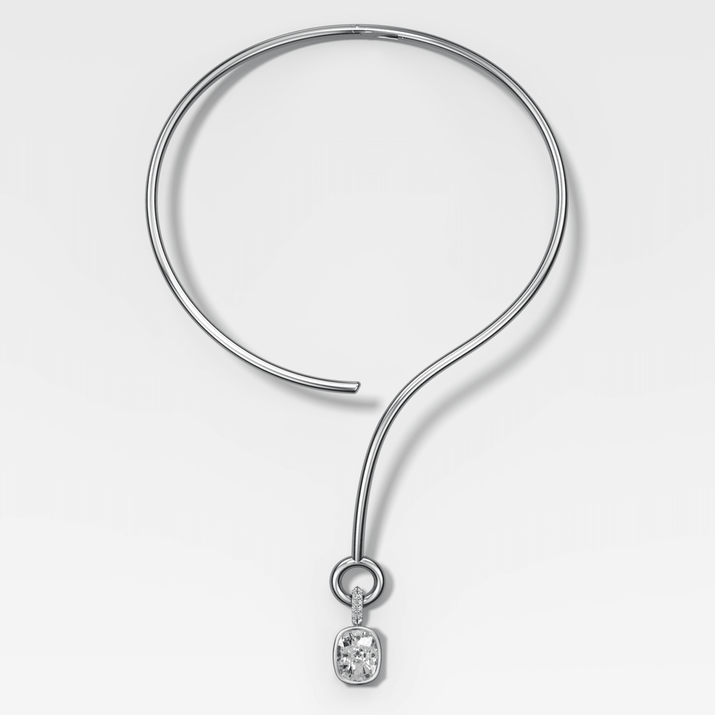 Bezel Set Elongated Cushion Attachable Diamond Pendant with Pavé Knife Edge Bail and Looped Collar Necklace