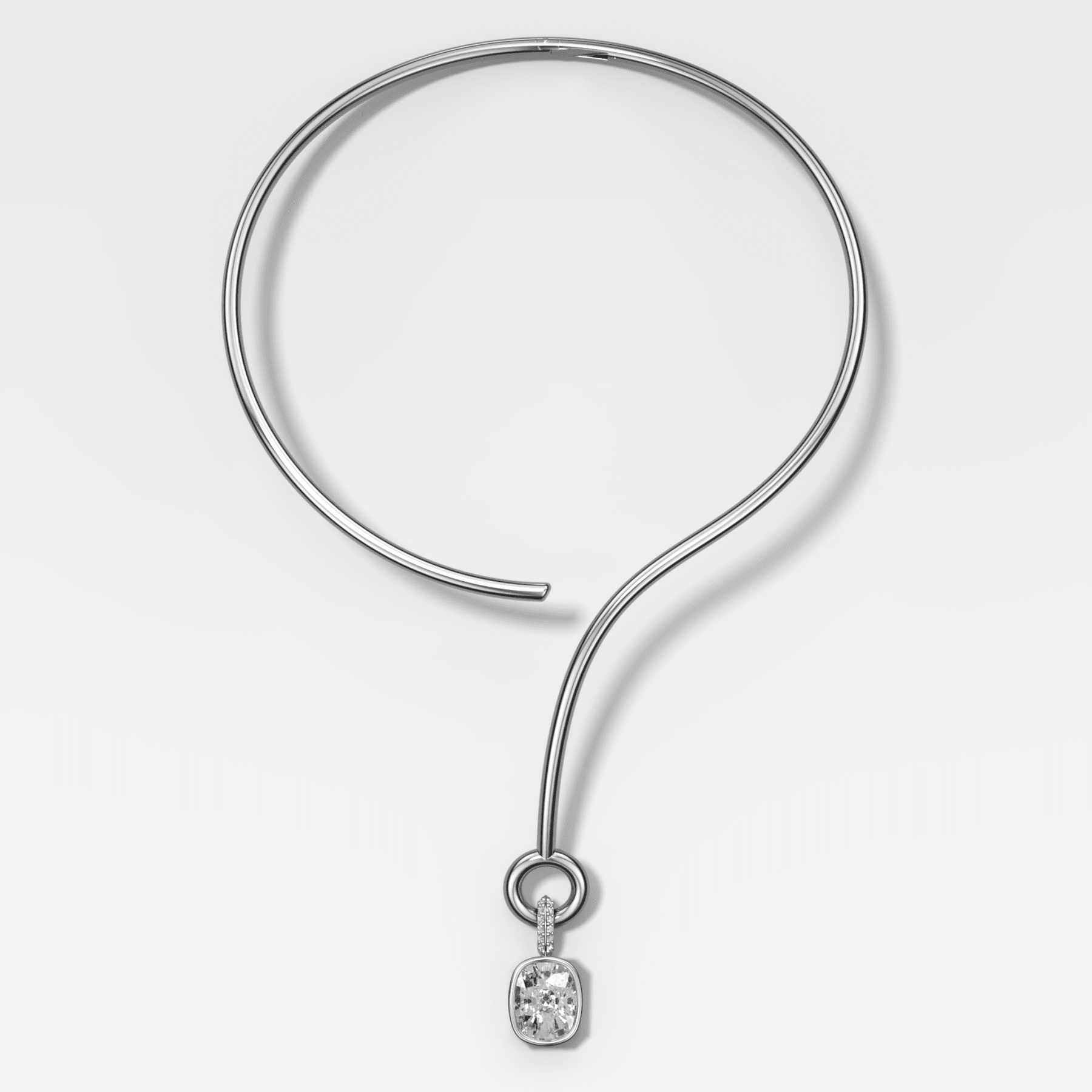 Bezel Set Elongated Cushion Attachable Diamond Pendant with Pavé Knife Edge Bail and Looped Collar Necklace
