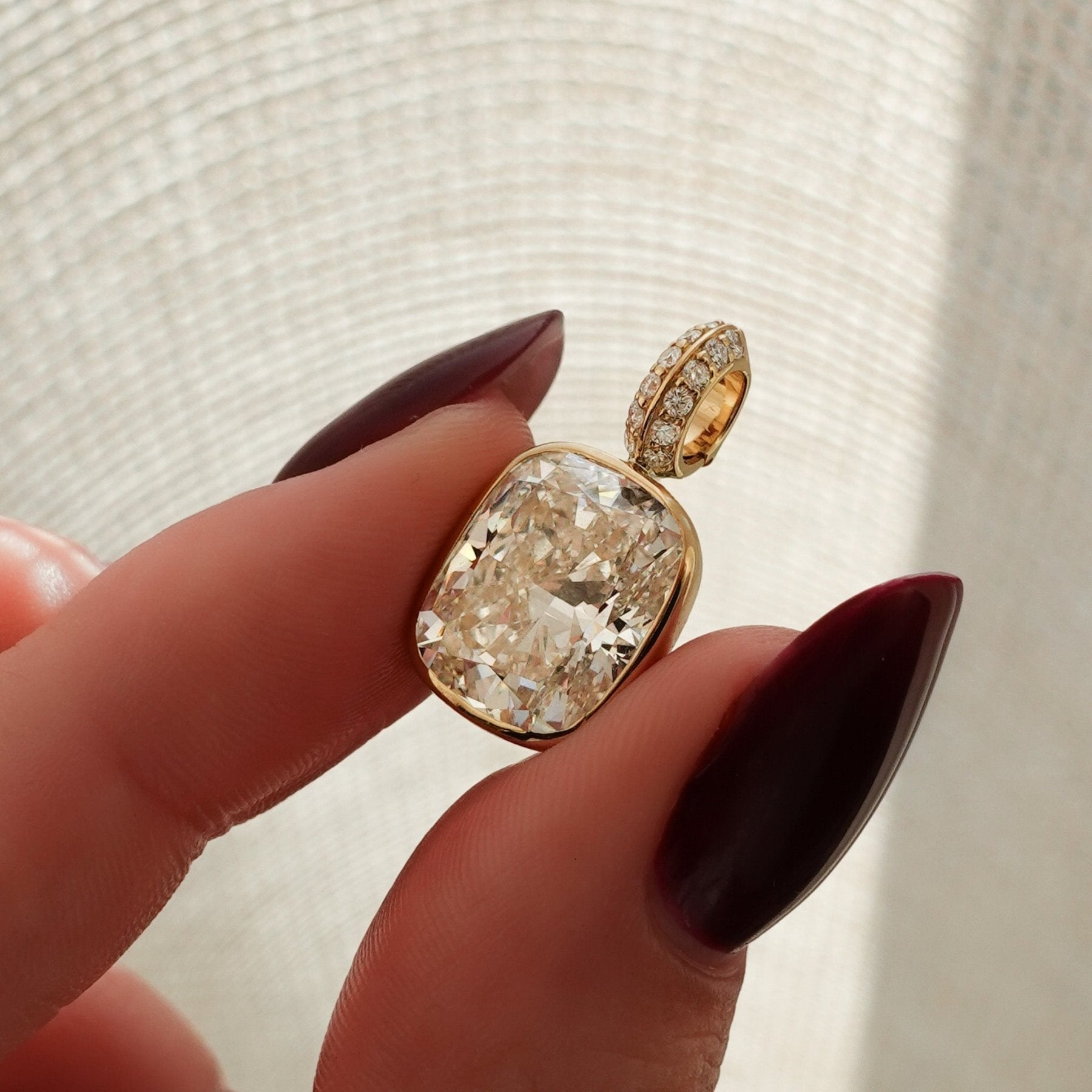 Bezel Set Elongated Cushion Attachable Diamond Pendant with Pavé Knife Edge Bail