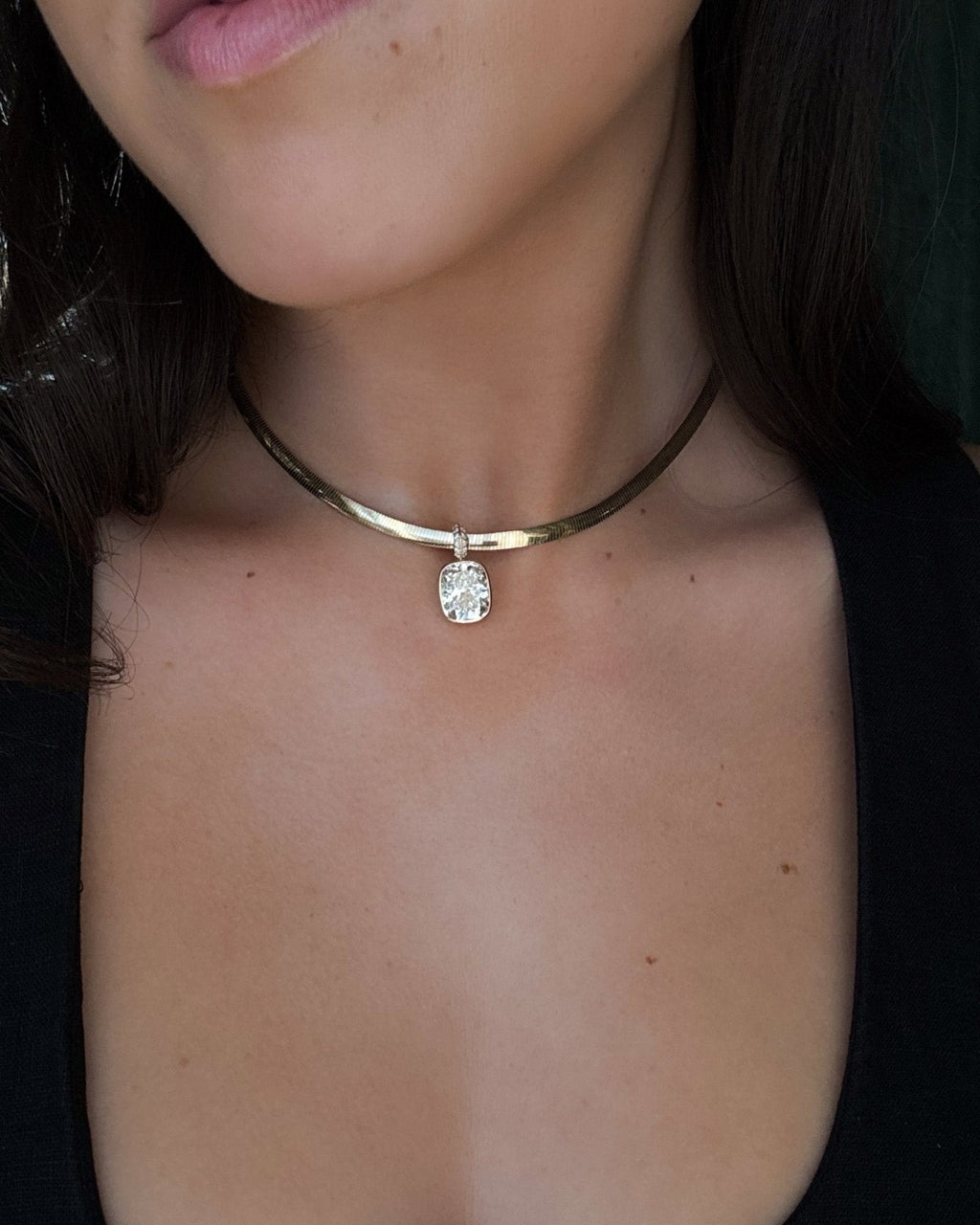 Bezel Set Elongated Cushion Attachable Diamond Pendant with Pavé Knife Edge Bail