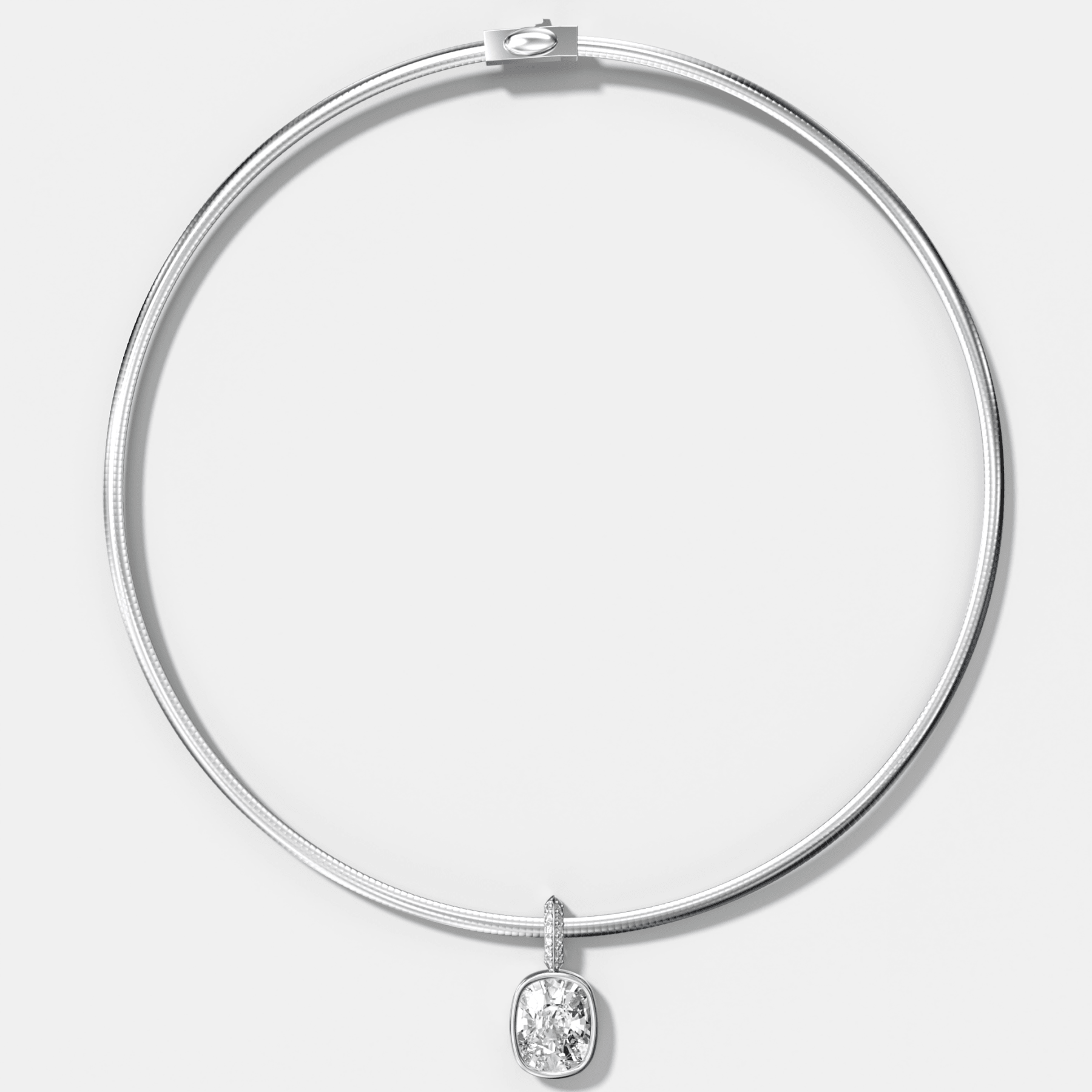 Bezel Set Elongated Cushion Attachable Diamond Pendant with Pavé Knife Edge Bail With Reversible Omega Chain (3mm)