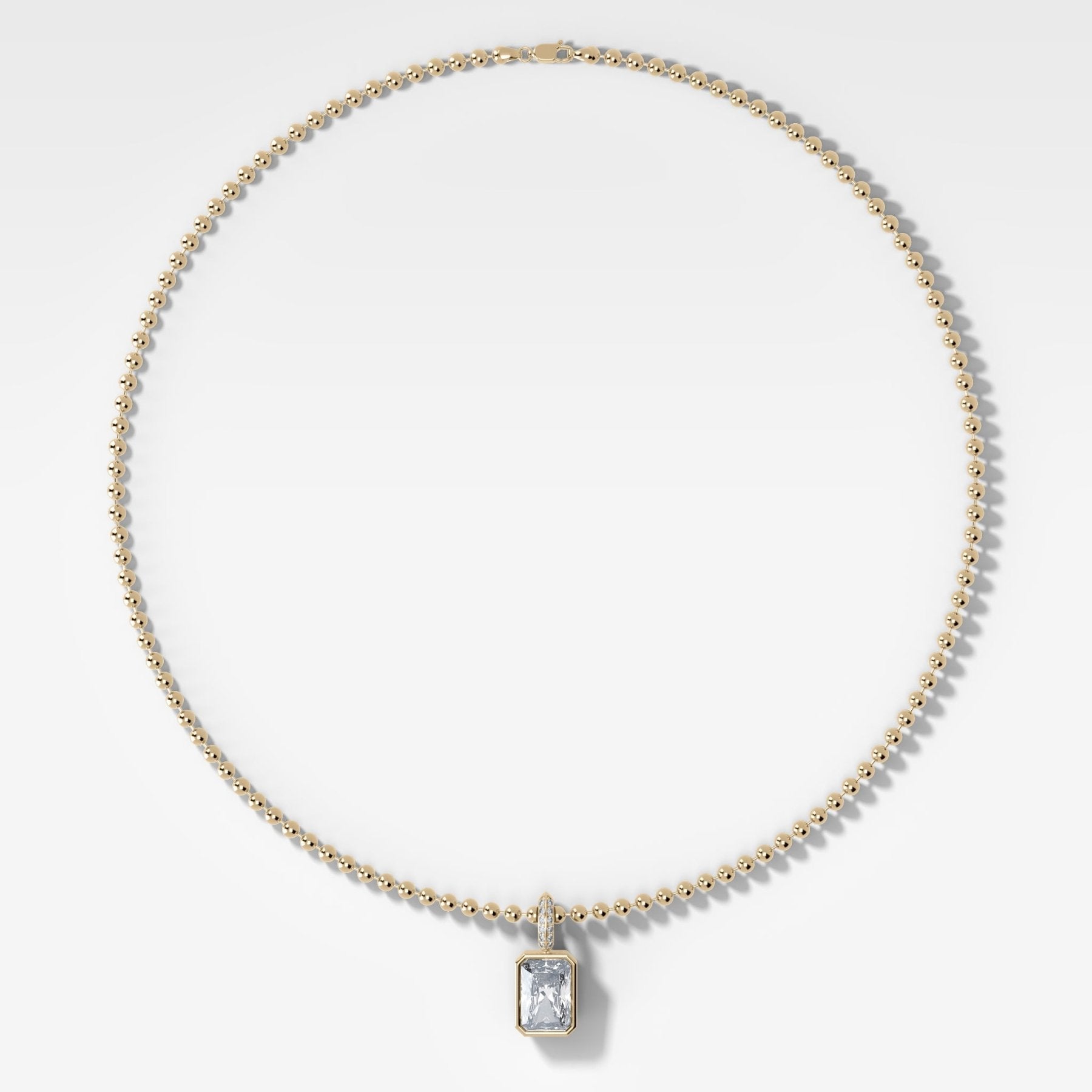 Bezel Set Elongated Radiant Attachable Diamond Pendant with Pavé Knife Edge Bail and Beaded Chain (3mm)