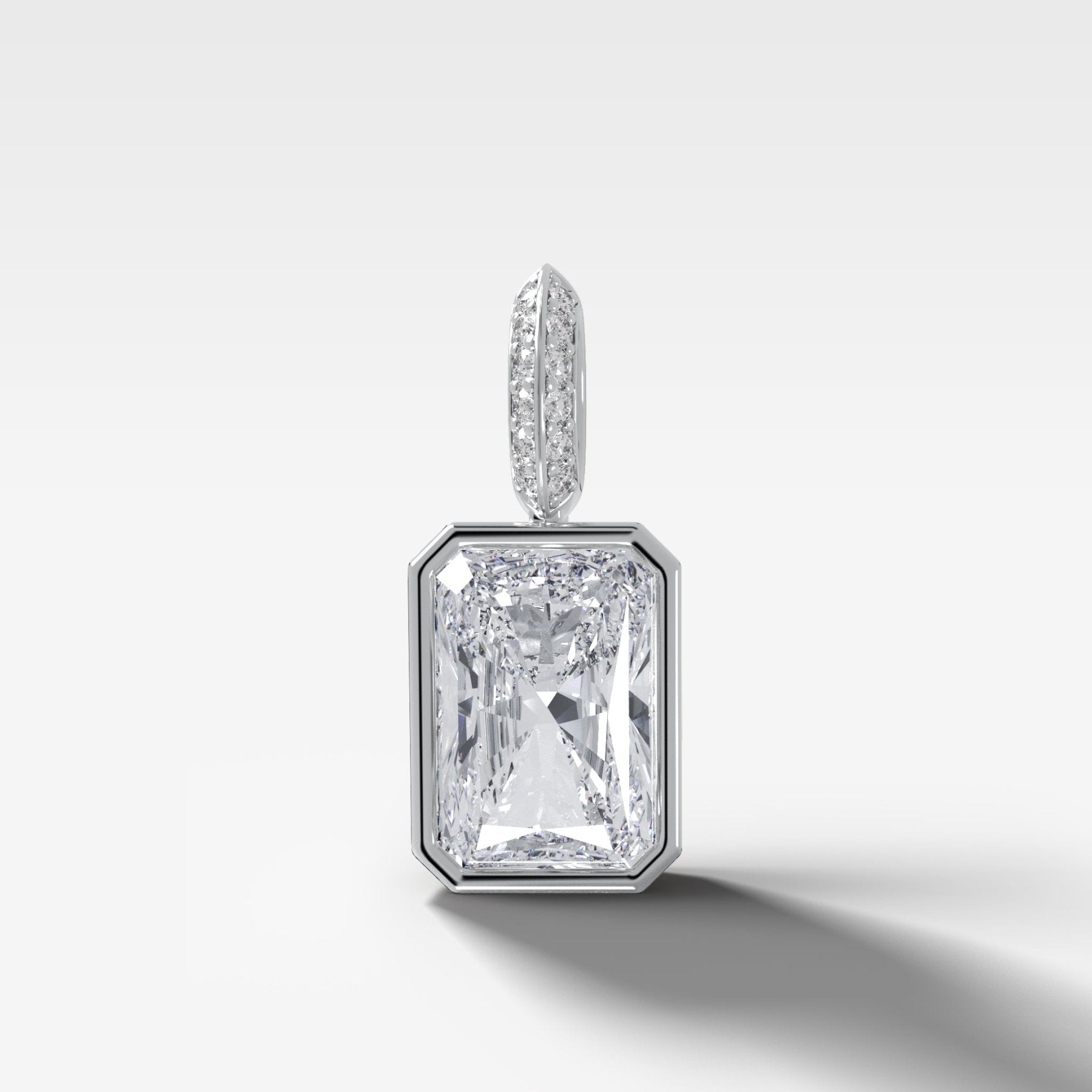 Bezel Set Elongated Radiant Attachable Diamond Pendant with Pavé Knife Edge Bail