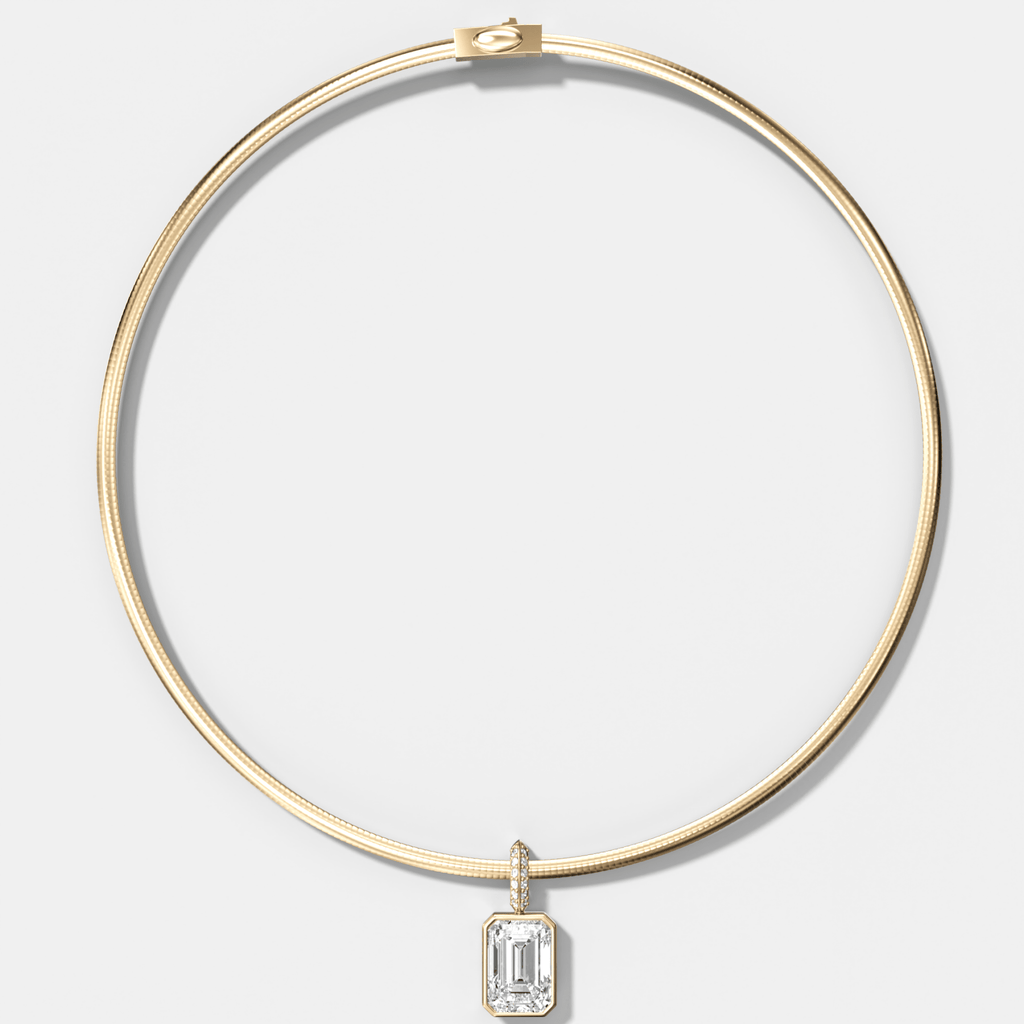 Bezel Set Emerald Attachable Diamond Pendant with Pavé Knife Edge Bail With Reversible Omega Chain (3mm)