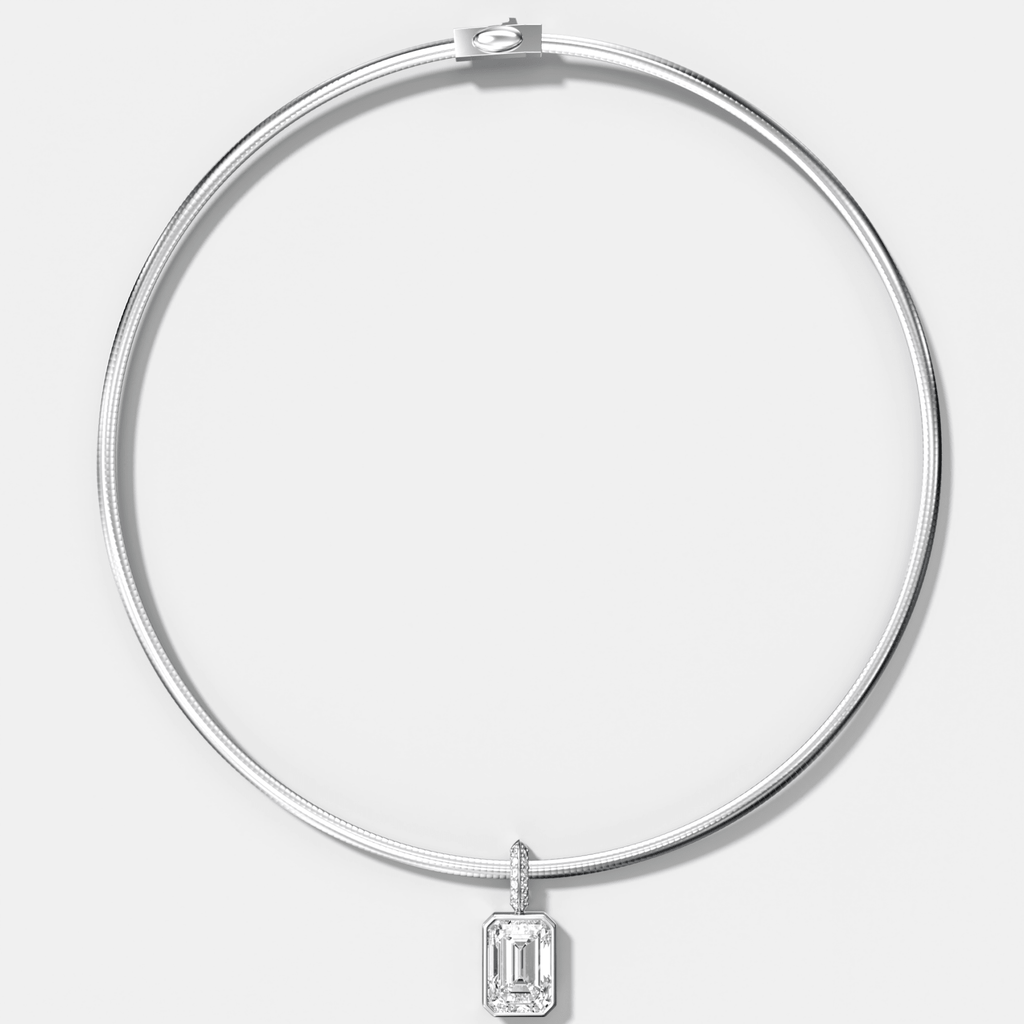 Bezel Set Emerald Attachable Diamond Pendant with Pavé Knife Edge Bail With Reversible Omega Chain (3mm)
