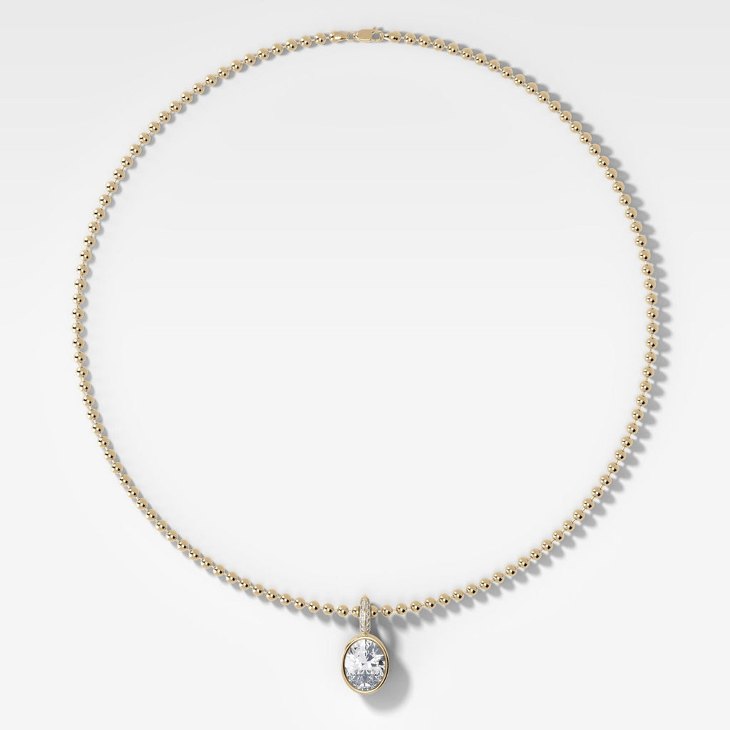 Bezel Set Oval Attachable Diamond Pendant with Pavé Knife Edge Bail and Beaded Chain (3mm)