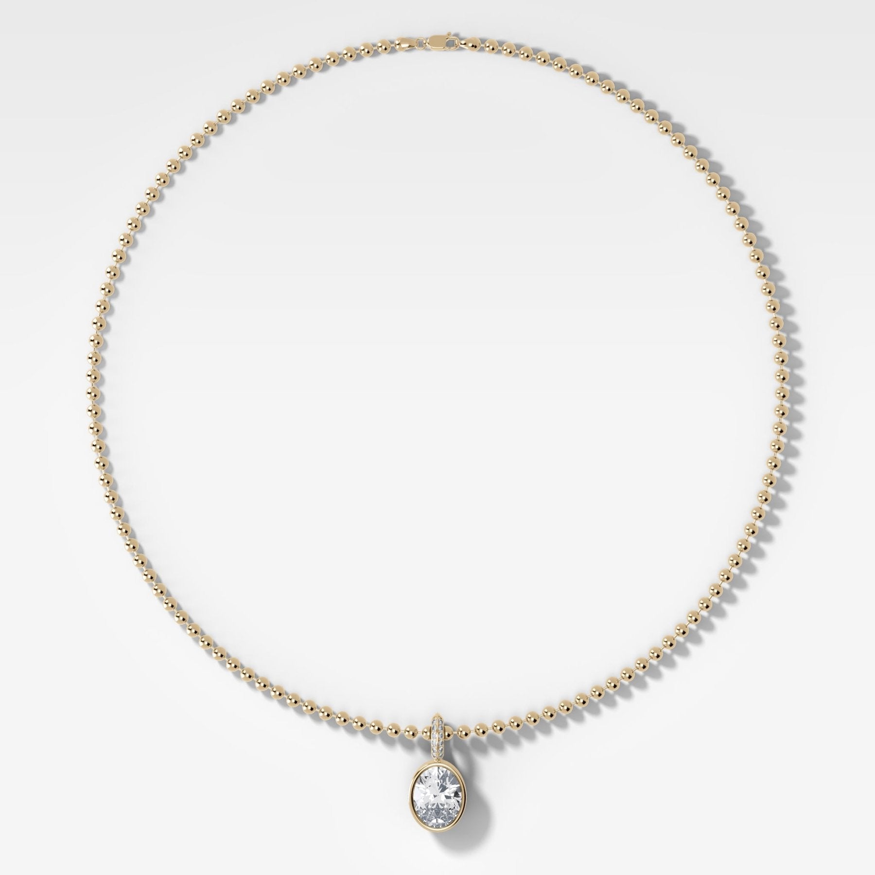 Bezel Set Oval Attachable Diamond Pendant with Pavé Knife Edge Bail and Beaded Chain (3mm)