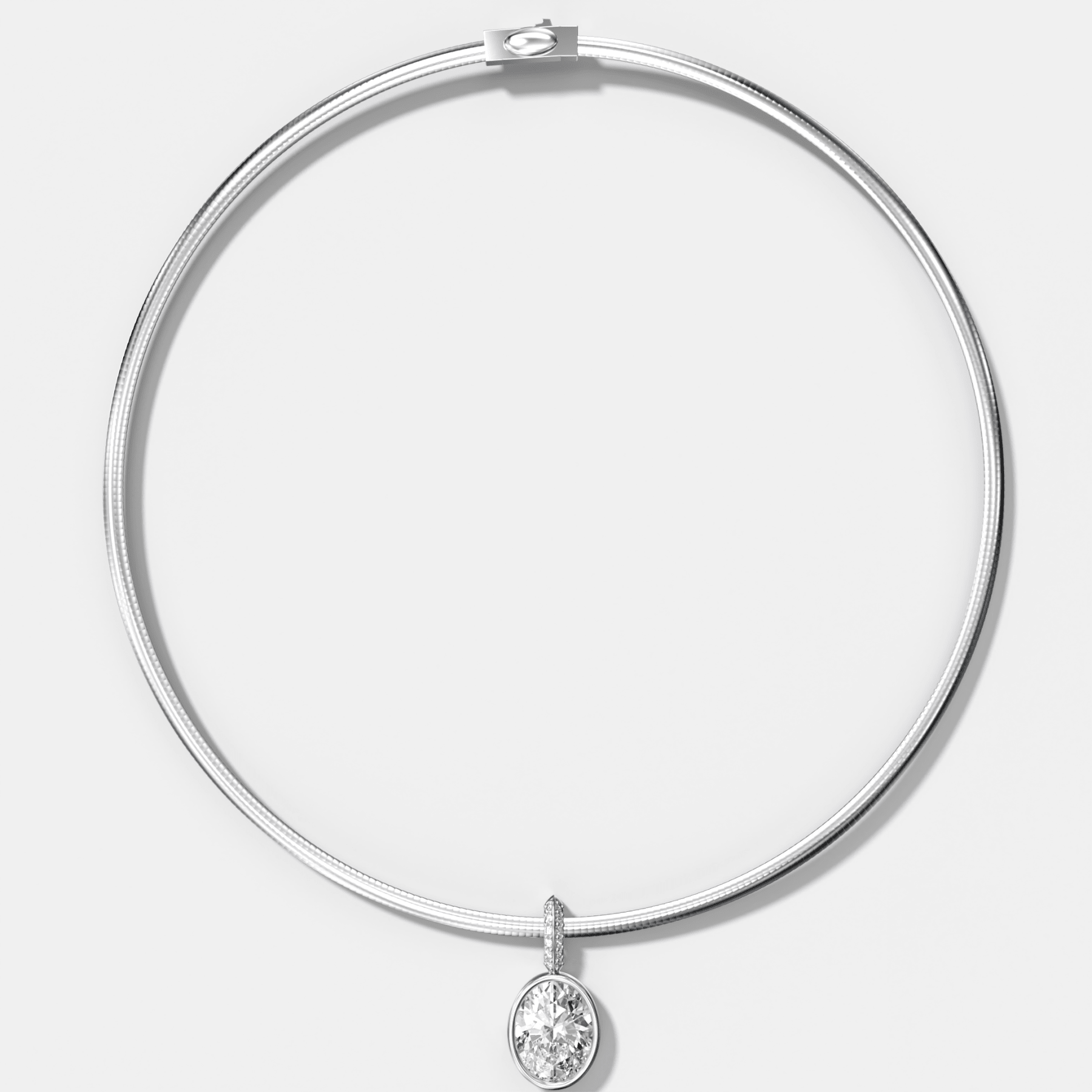 Bezel Set Oval Attachable Diamond Pendant with Pavé Knife Edge Bail With Reversible Omega Chain (3mm)