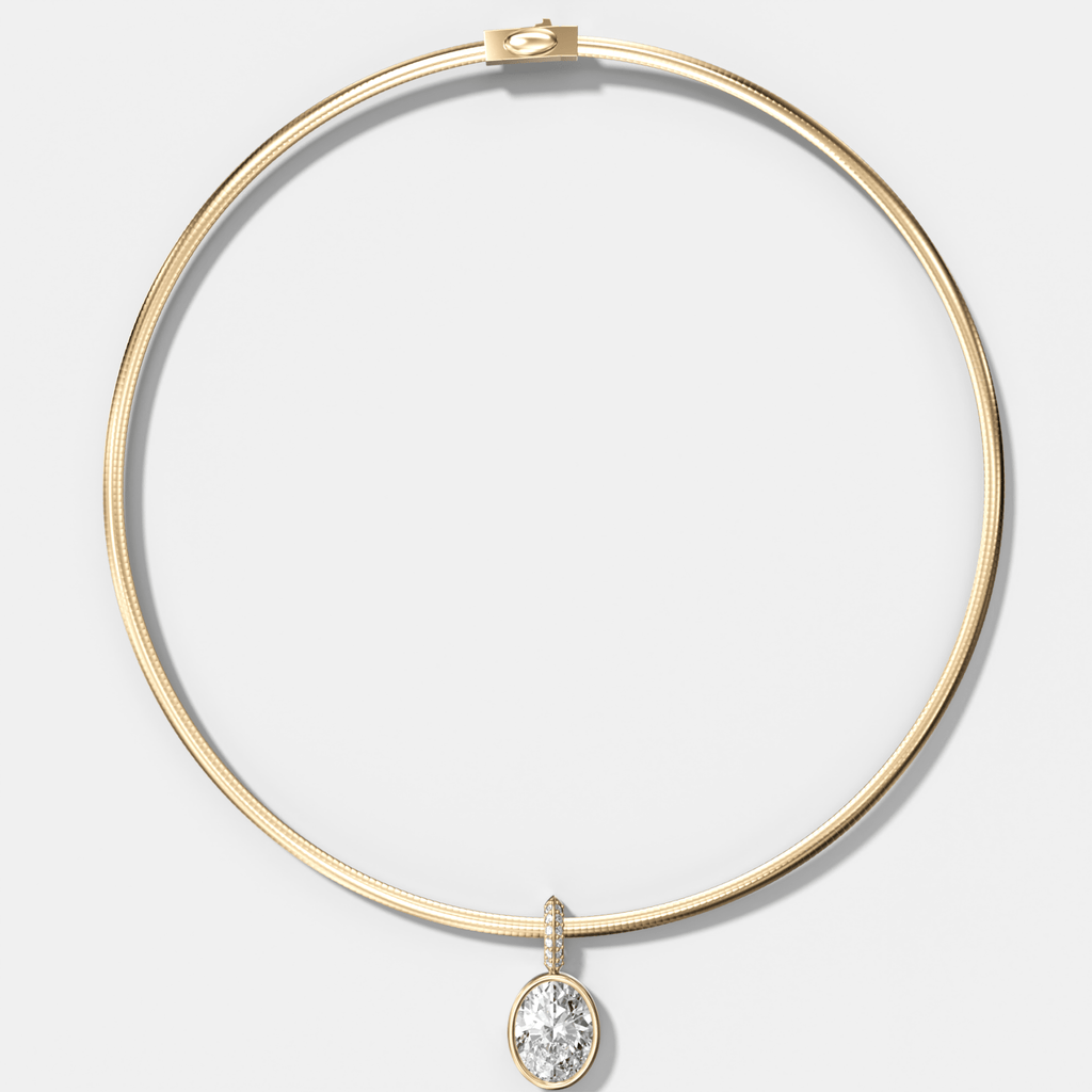 Bezel Set Oval Attachable Diamond Pendant with Pavé Knife Edge Bail With Reversible Omega Chain (3mm)