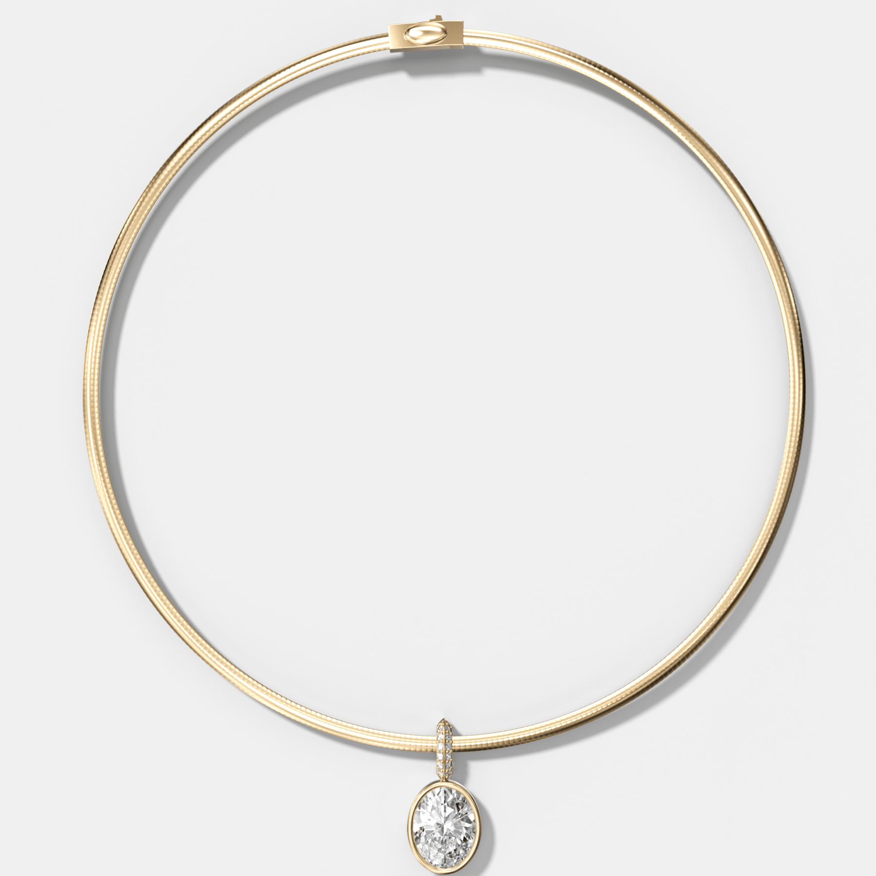 Bezel Set Oval Attachable Diamond Pendant with Pavé Knife Edge Bail With Reversible Omega Chain (3mm)