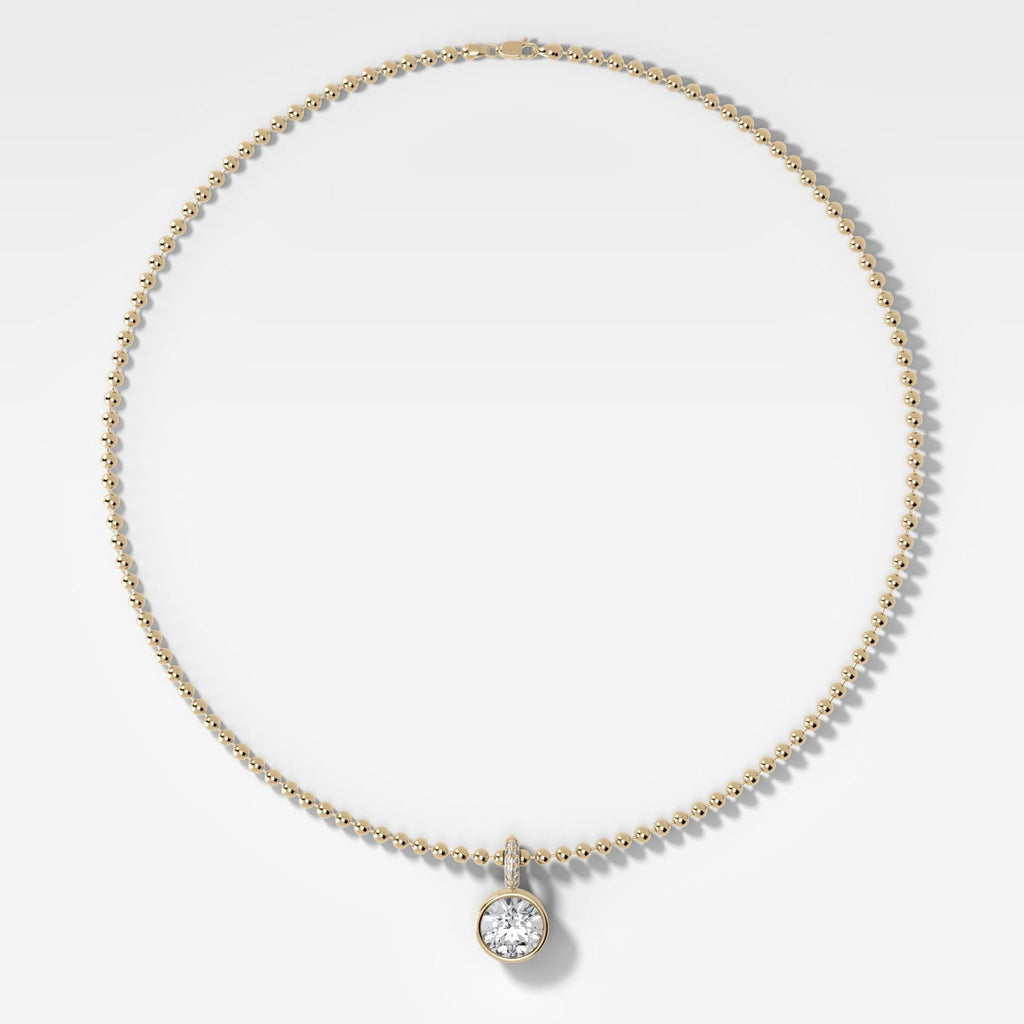 Bezel Set Round Attachable Diamond Pendant with Pavé Knife Edge Bail and Beaded Chain (3mm)