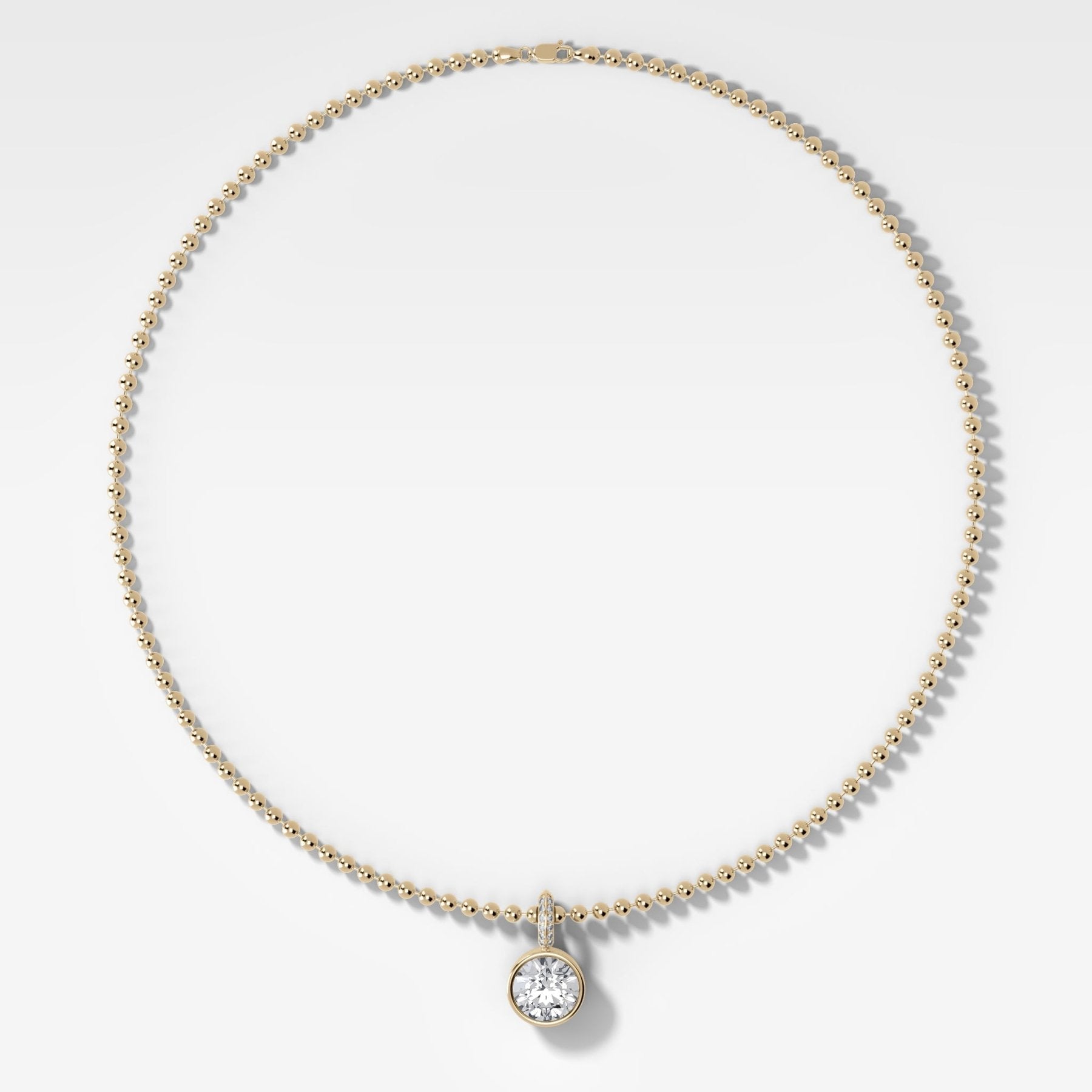 Bezel Set Round Attachable Diamond Pendant with Pavé Knife Edge Bail and Beaded Chain (3mm)