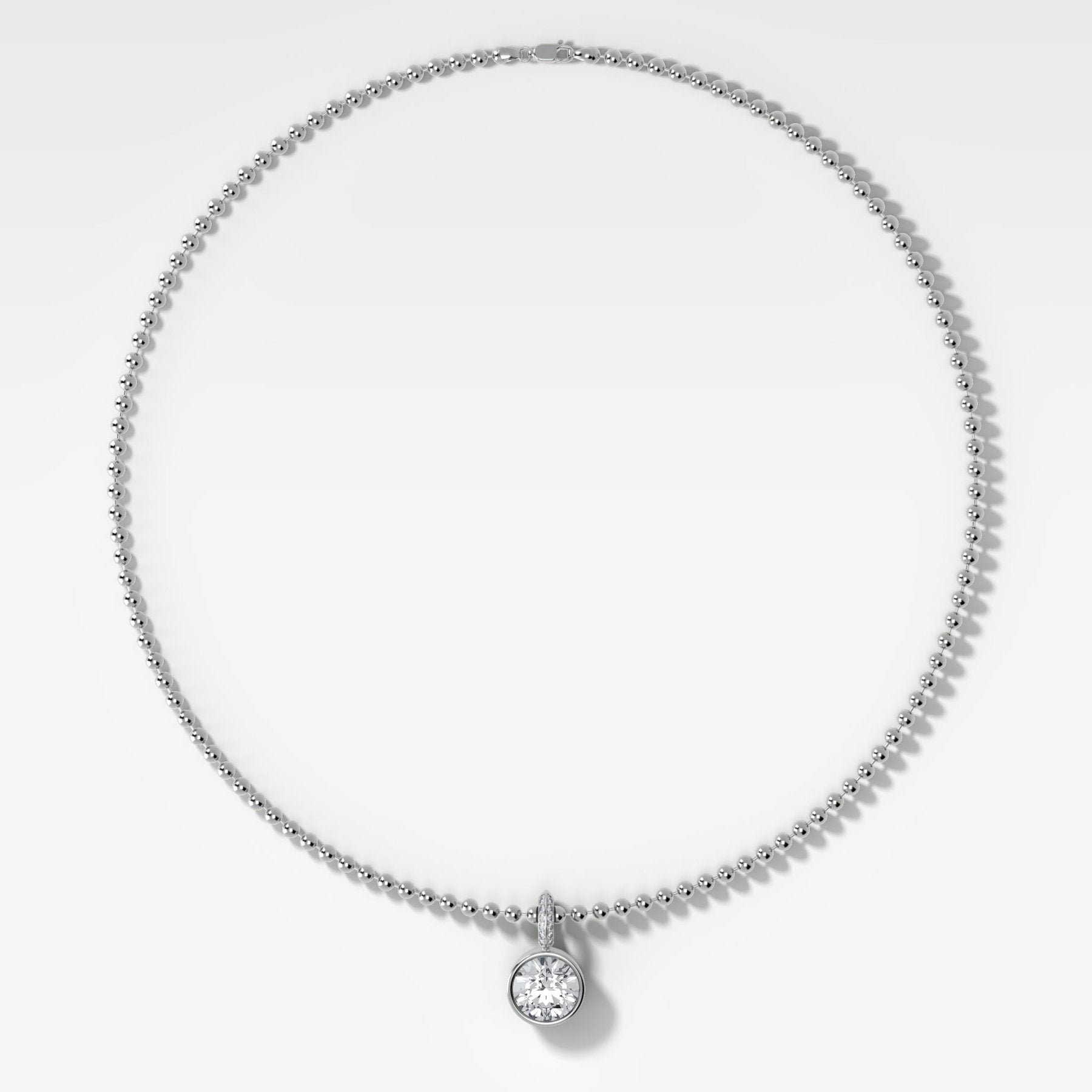 Bezel Set Round Attachable Diamond Pendant with Pavé Knife Edge Bail and Beaded Chain (3mm)