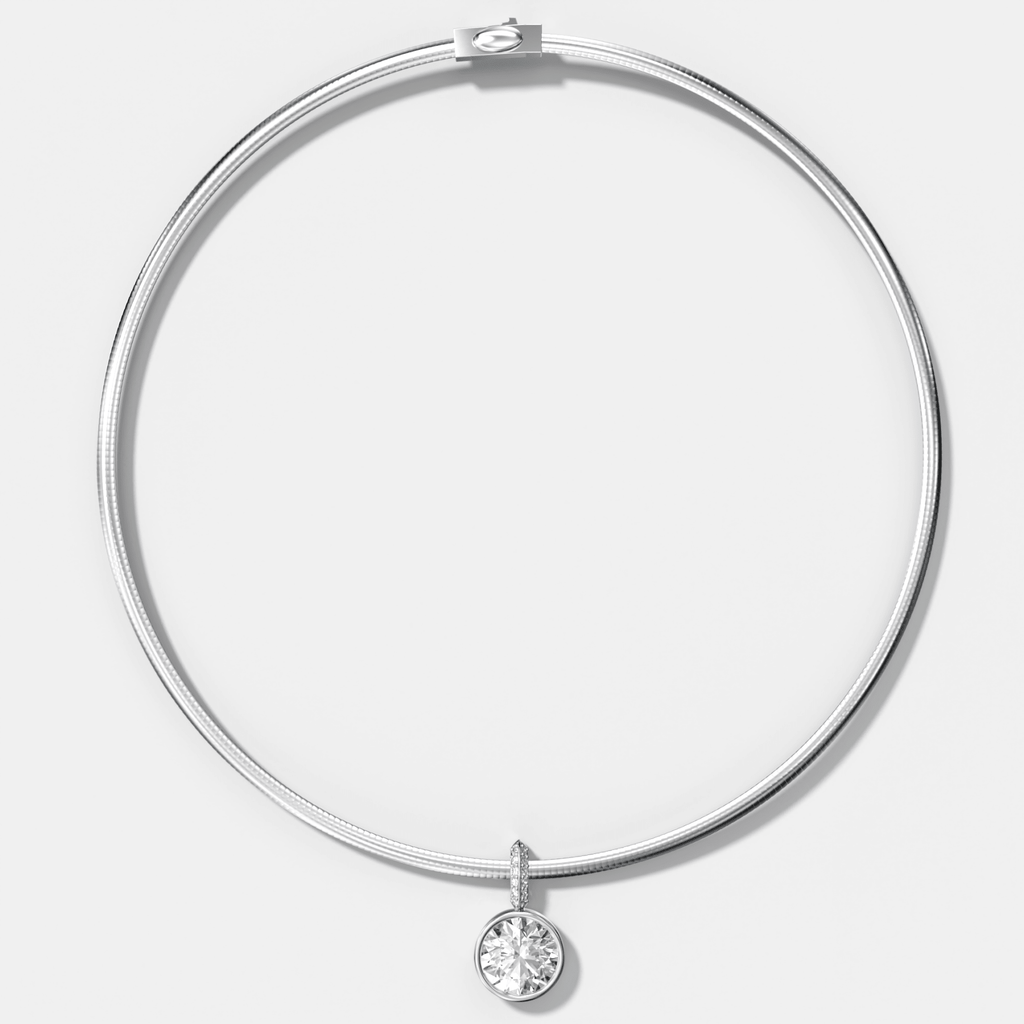 Bezel Set Round Attachable Diamond Pendant with Pavé Knife Edge Bail With Reversible Omega Chain (3mm)