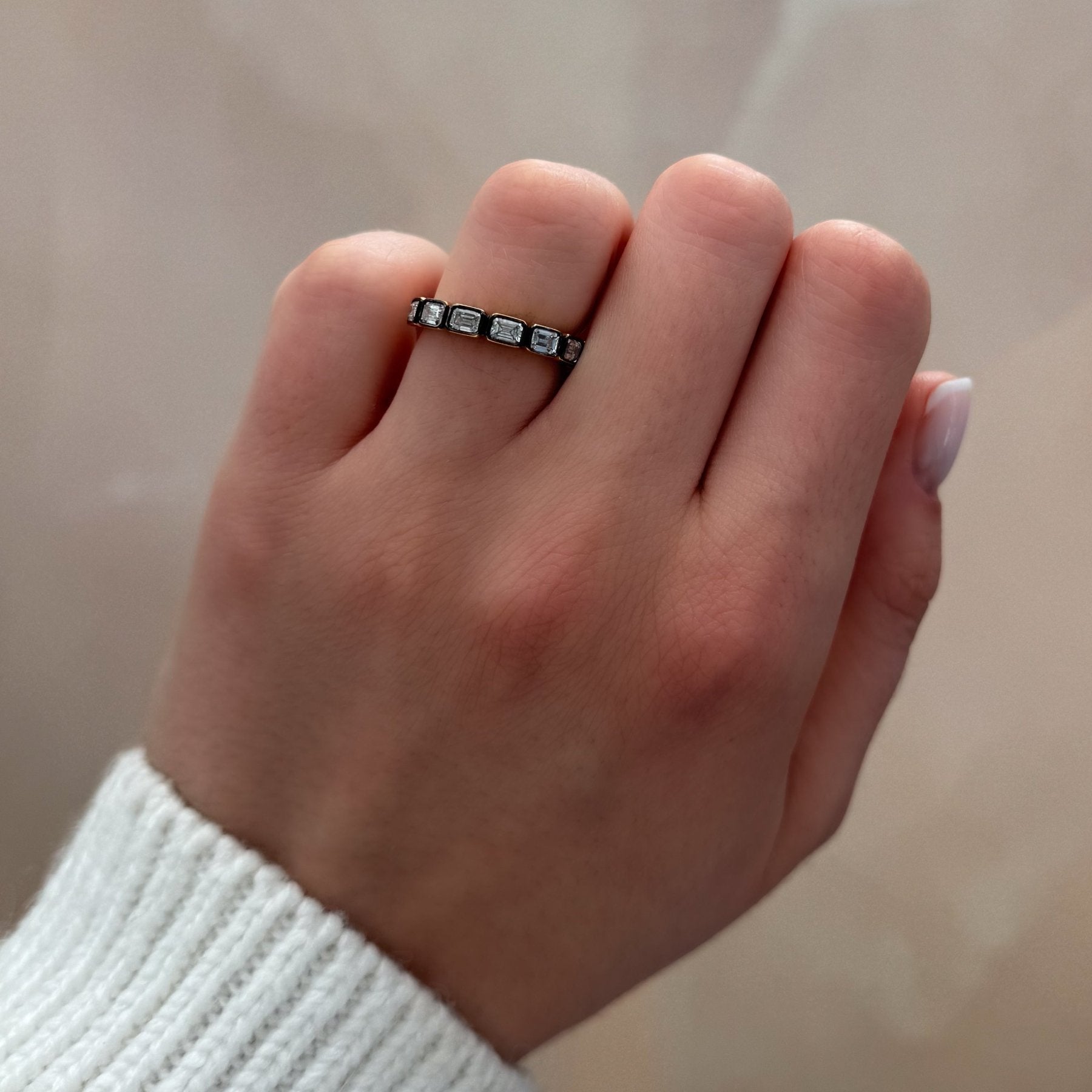 Blackened Midi Bezel Set Halfway Wedding Band With East West Emerald Cuts Secondary image