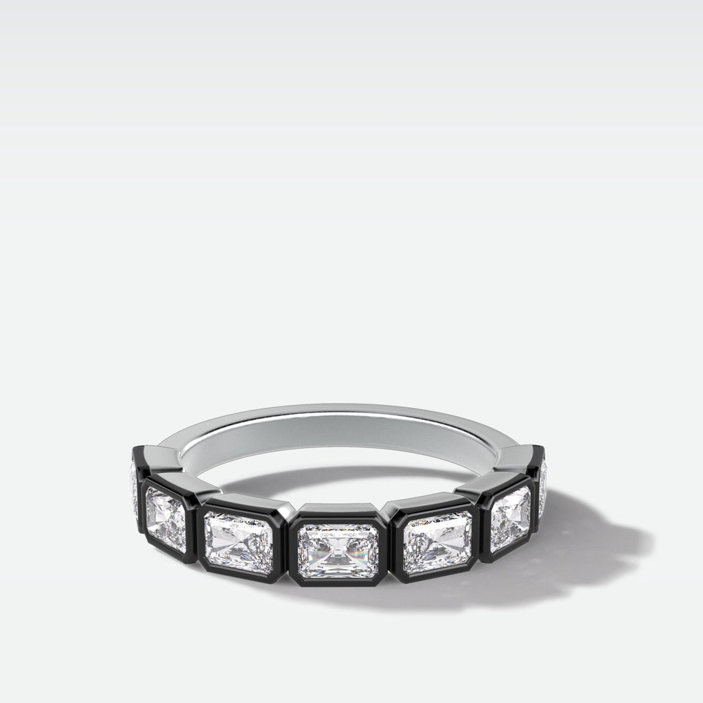 Blackened Midi Bezel Set Halfway Wedding Band With East West Radiant Cut