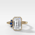 Blue Sapphire Cluster Engagement Ring With Emerald Cut