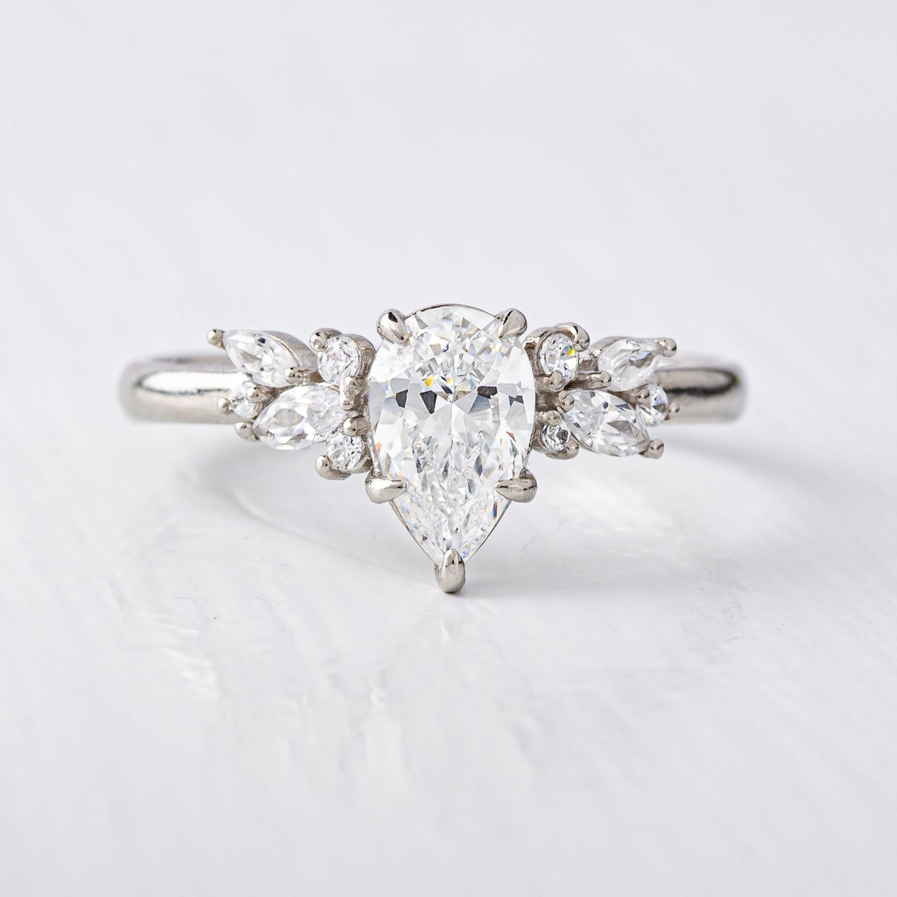 1.33 CT Pear Cut Moissanite Cluster Engagement Ring