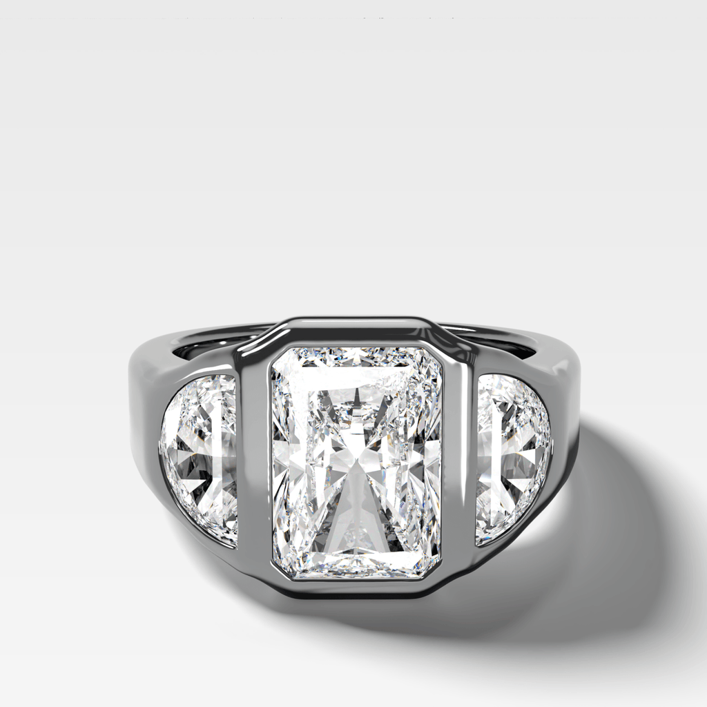 Burnished Three Stone Engagement Ring with Half Moon Sides and an Elongated Radiant Cut Diamond