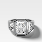 Burnished Three Stone Engagement Ring with Half Moon Sides and an Elongated Radiant Cut Diamond