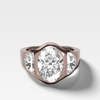 Burnished Three Stone Engagement Ring with Half Moon Sides & Oval Cut Diamond