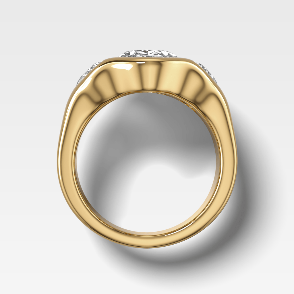 Burnished Three Stone Engagement Ring with Half Moon Sides & Oval Cut Diamond