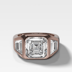 Burnished Three Stone Engagement Ring with Trapezoid Sides & Asscher Cut Diamond