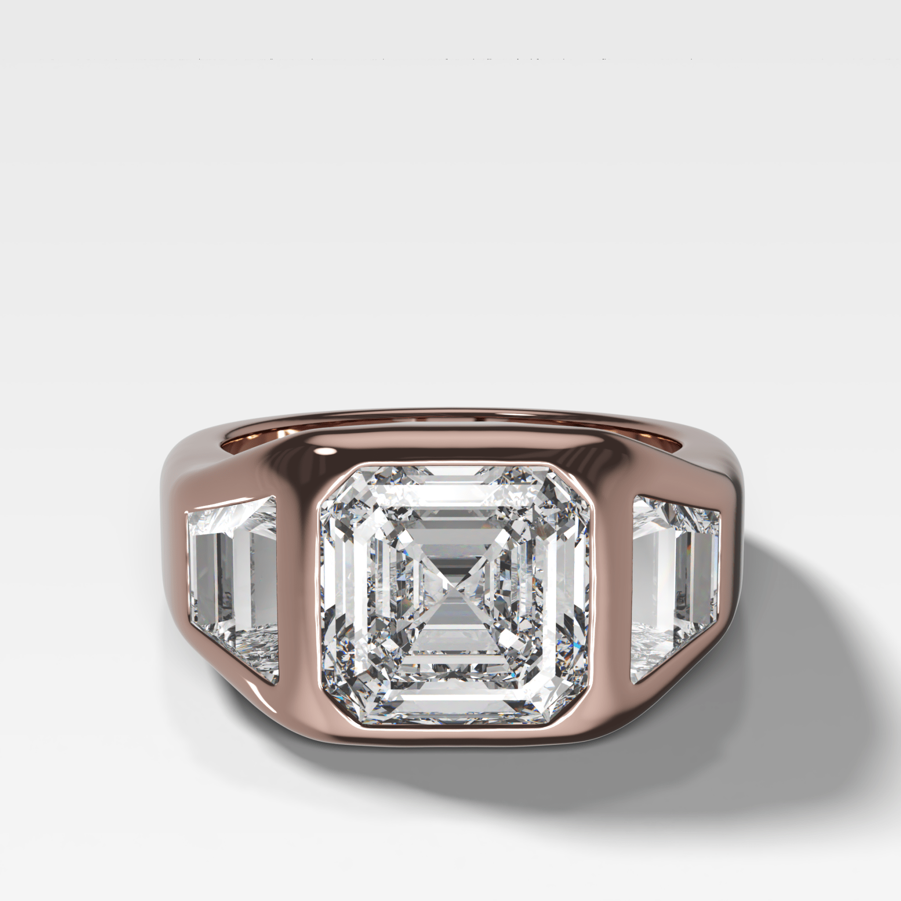 Burnished Three Stone Engagement Ring with Trapezoid Sides & Asscher Cut Diamond