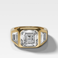 Burnished Three Stone Engagement Ring with Trapezoid Sides & Asscher Cut Diamond