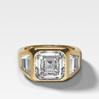 Burnished Three Stone Engagement Ring with Trapezoid Sides & Asscher Cut Diamond