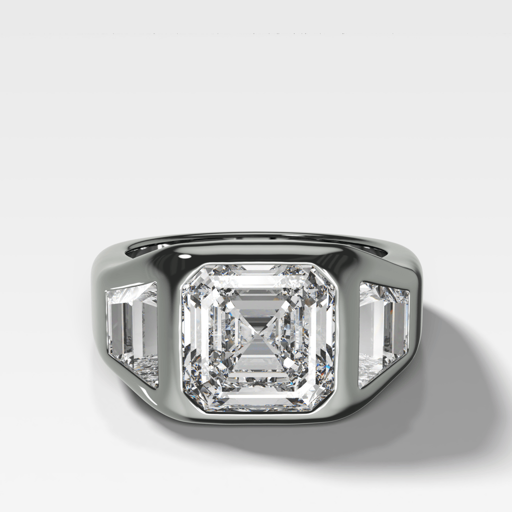 Burnished Three Stone Engagement Ring with Trapezoid Sides & Asscher Cut Diamond