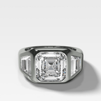 Burnished Three Stone Engagement Ring with Trapezoid Sides & Asscher Cut Diamond