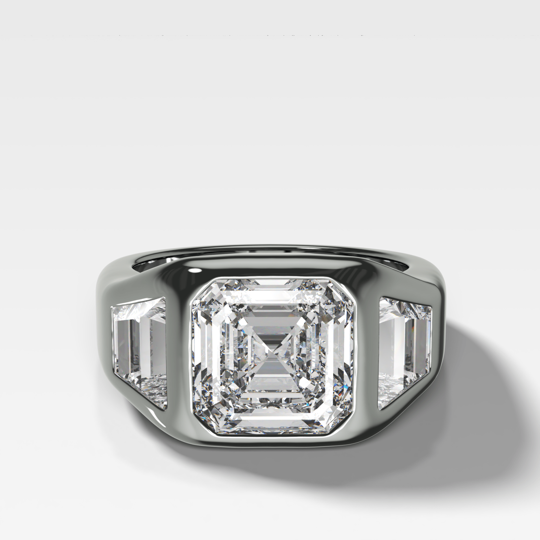 Burnished Three Stone Engagement Ring with Trapezoid Sides & Asscher Cut Diamond