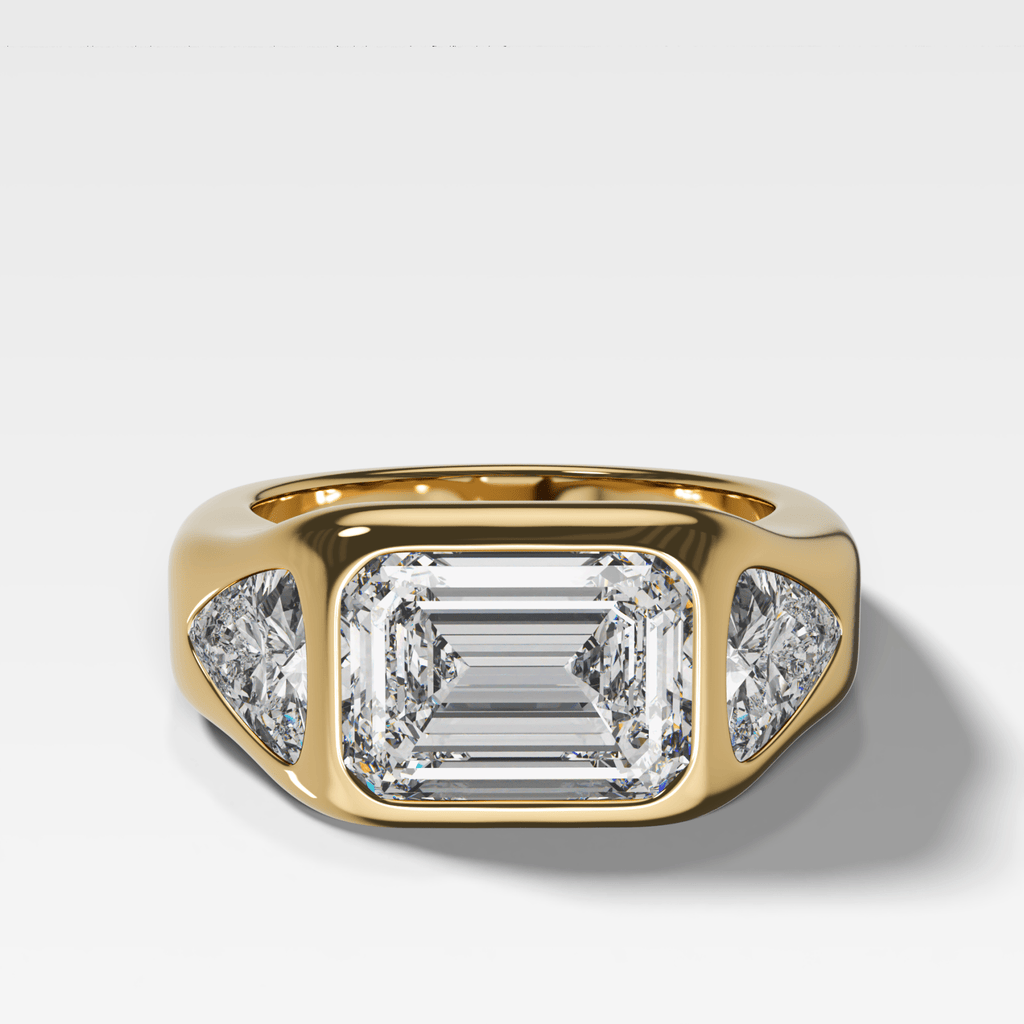 Burnished Three Stone Engagement Ring with Trilliant Sides and East West 2.53ct  Lab Grown Emerald Cut Diamond