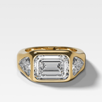 Burnished Three Stone Engagement Ring with Trilliant Sides and East West 2.53ct  Lab Grown Emerald Cut Diamond