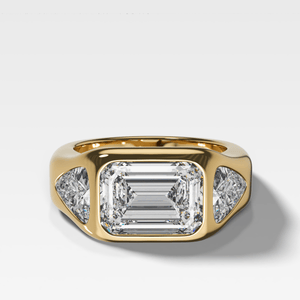 Burnished Three Stone Engagement Ring with Trilliant Sides and East West 2.53ct  Lab Grown Emerald Cut Diamond