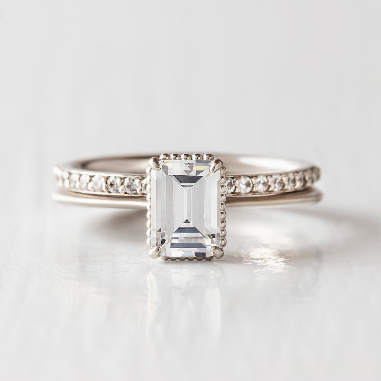 0.92 CT Emerald Cut Pave Moissanite Engagement Ring Main image