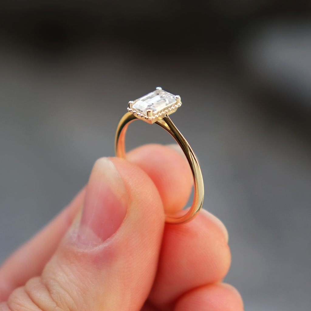 0.92 CT Emerald Cut Pave Moissanite Engagement Ring