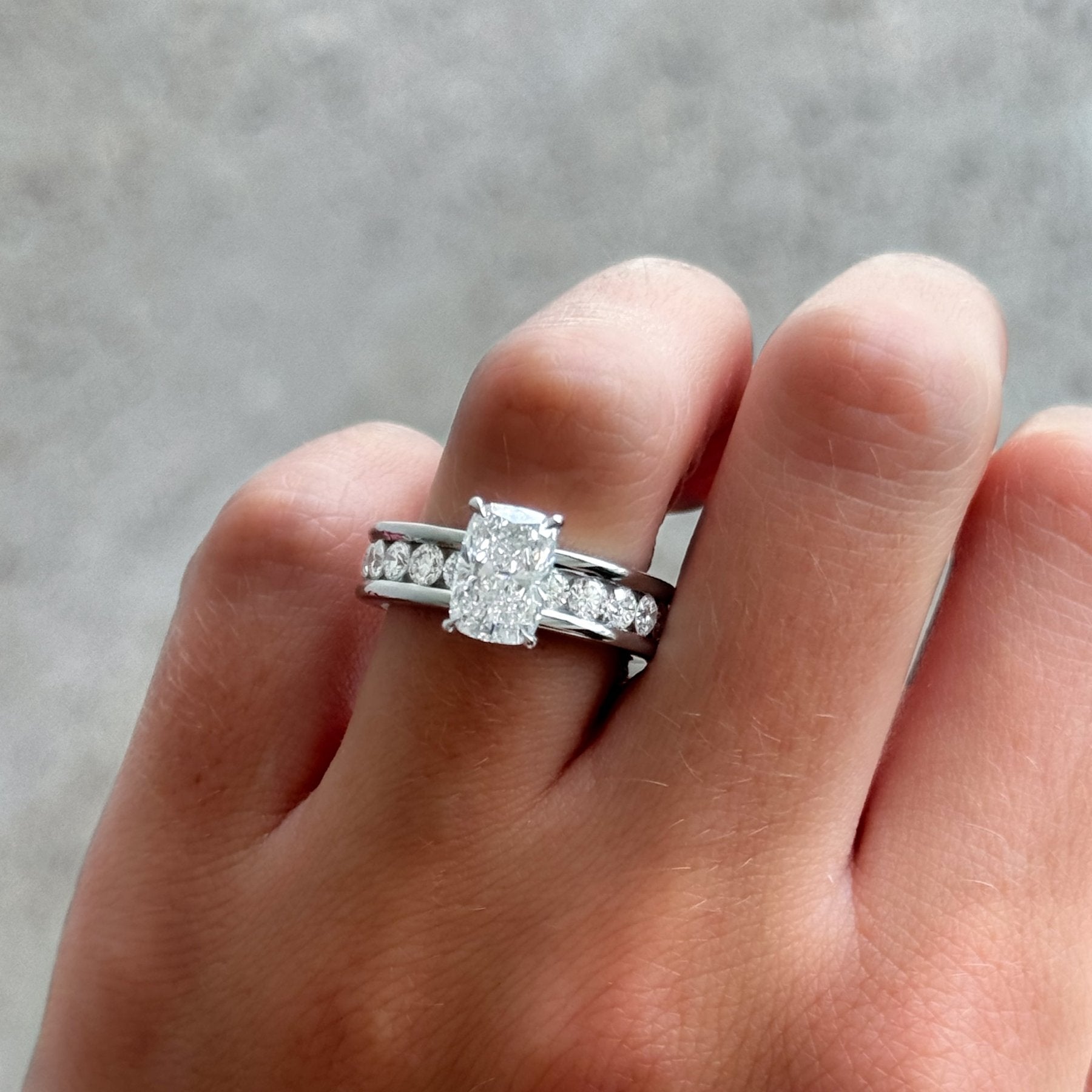 Chunky Channel Set Engagement Ring with Elongated Cushion Cut Diamond