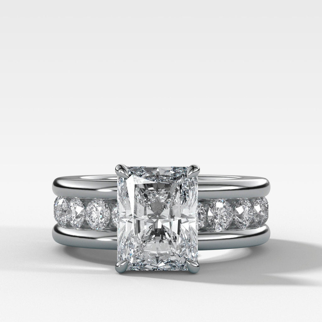 Chunky Channel Set Engagement Ring with Elongated Radiant Cut Diamond