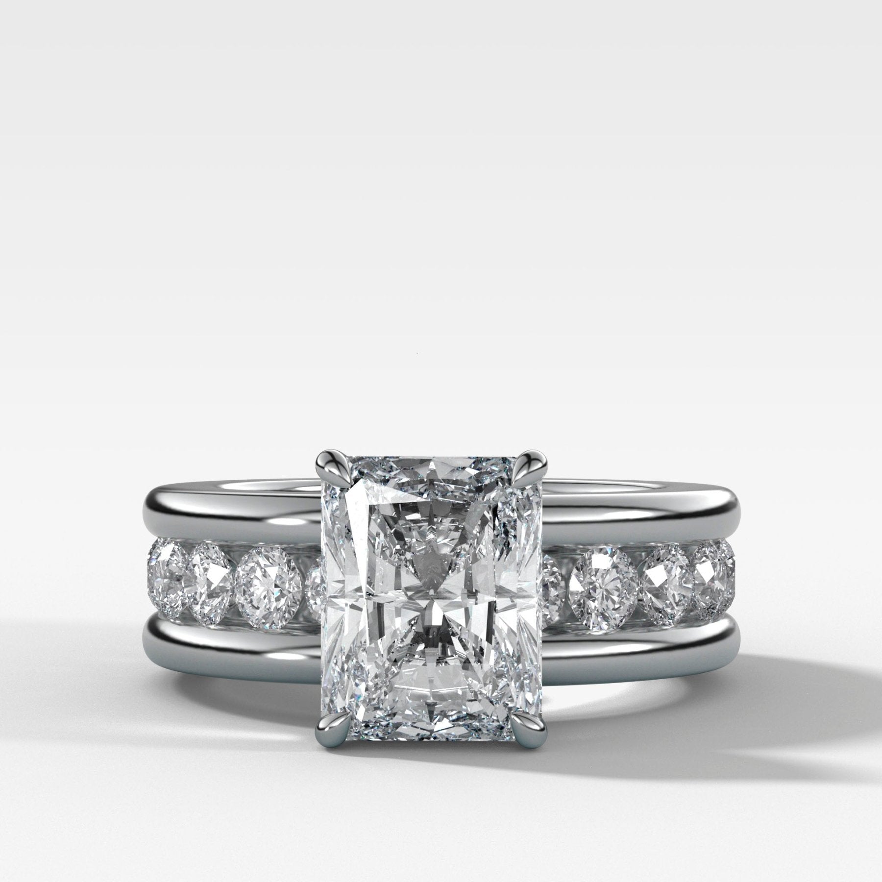 Chunky Channel Set Engagement Ring with Elongated Radiant Cut Diamond