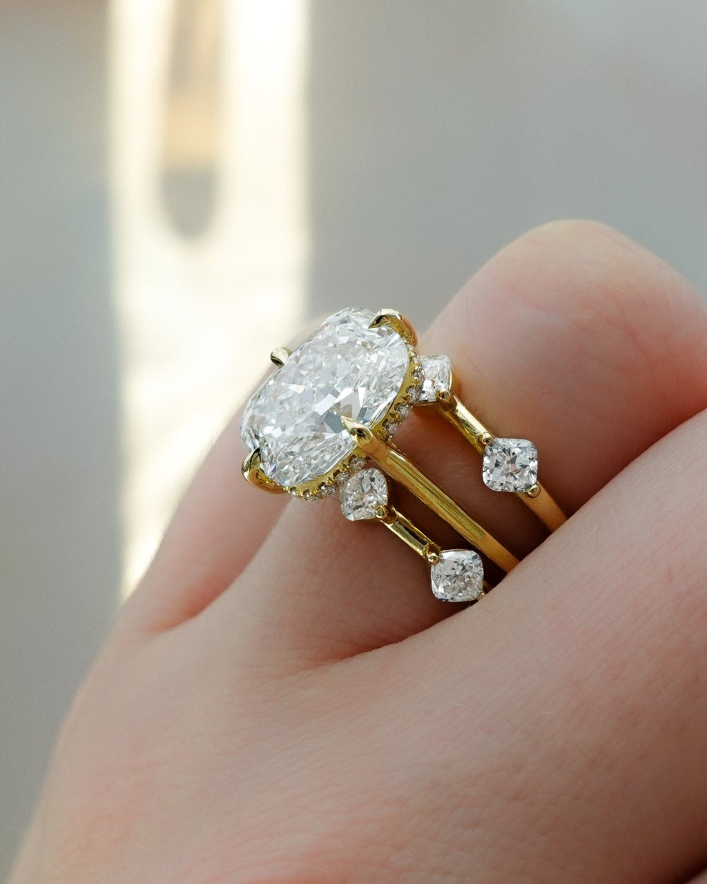 Compass Solitaire Engagement Ring with Elongated Cushion Cut Diamond