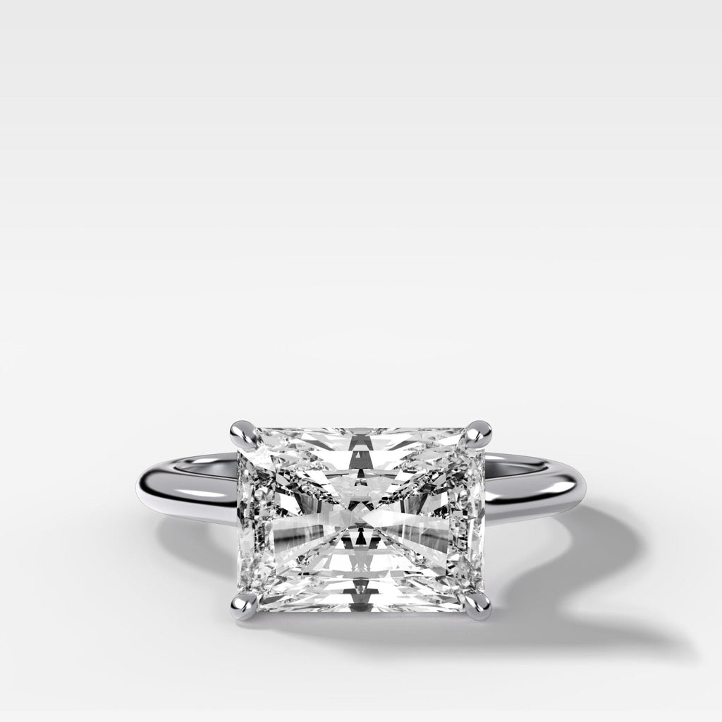 Crescent Solitaire Engagement Ring With Elongated Radiant Cut Diamond (East West)