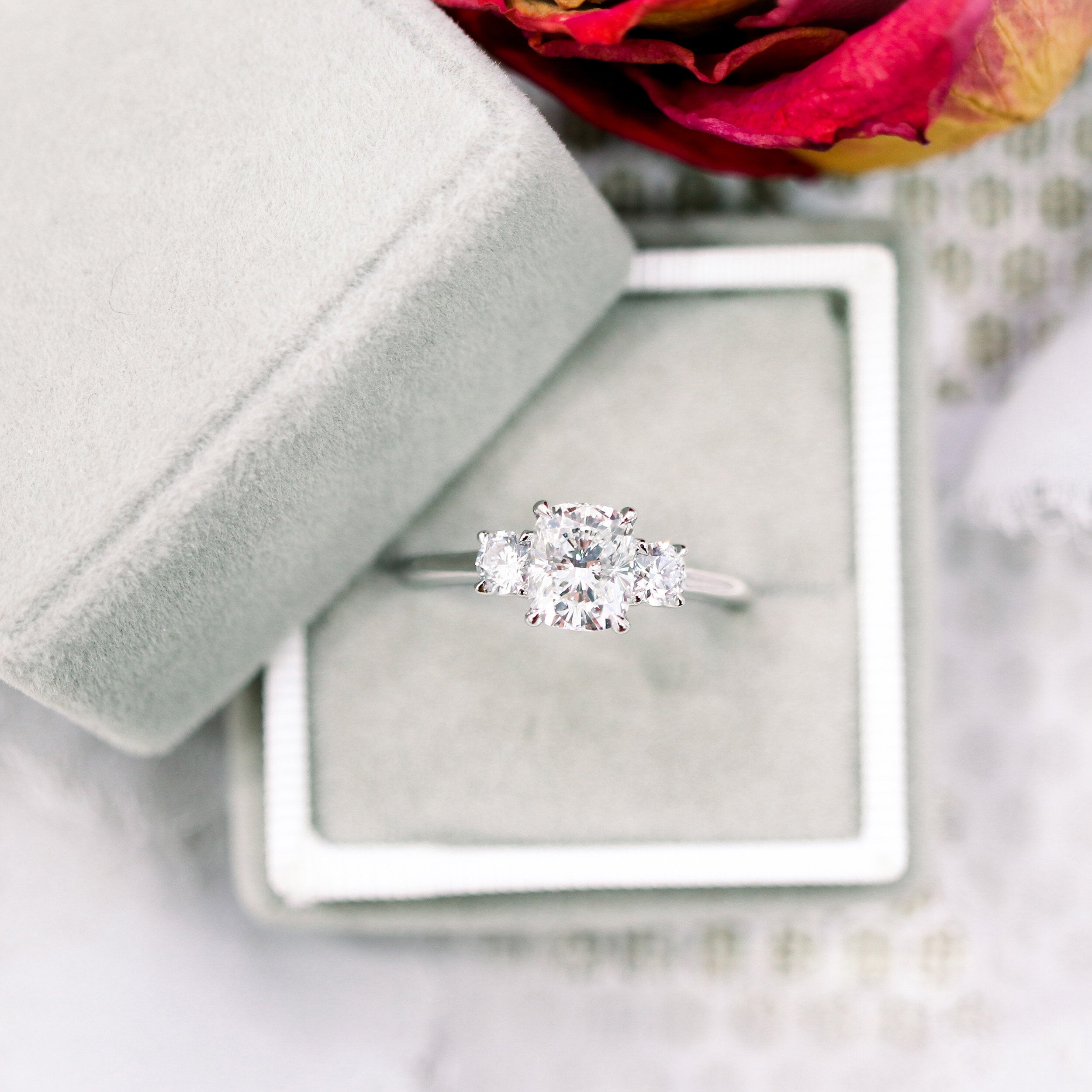 2.50 CT Elongated Cushion Moissanite Three Stones Engagement Ring