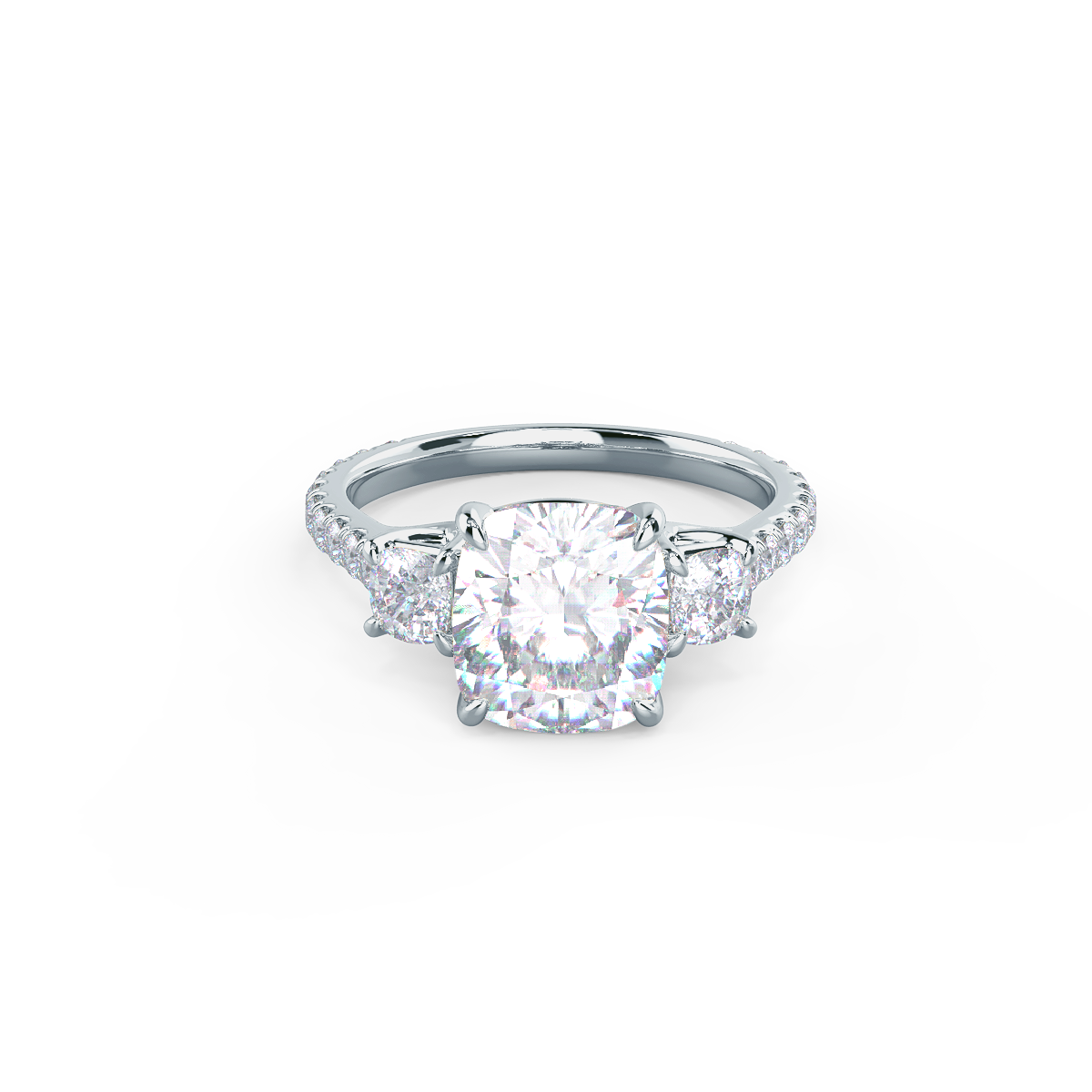 2.50 CT Cushion Moissanite Three Stones Pave Setting Engagement Ring
