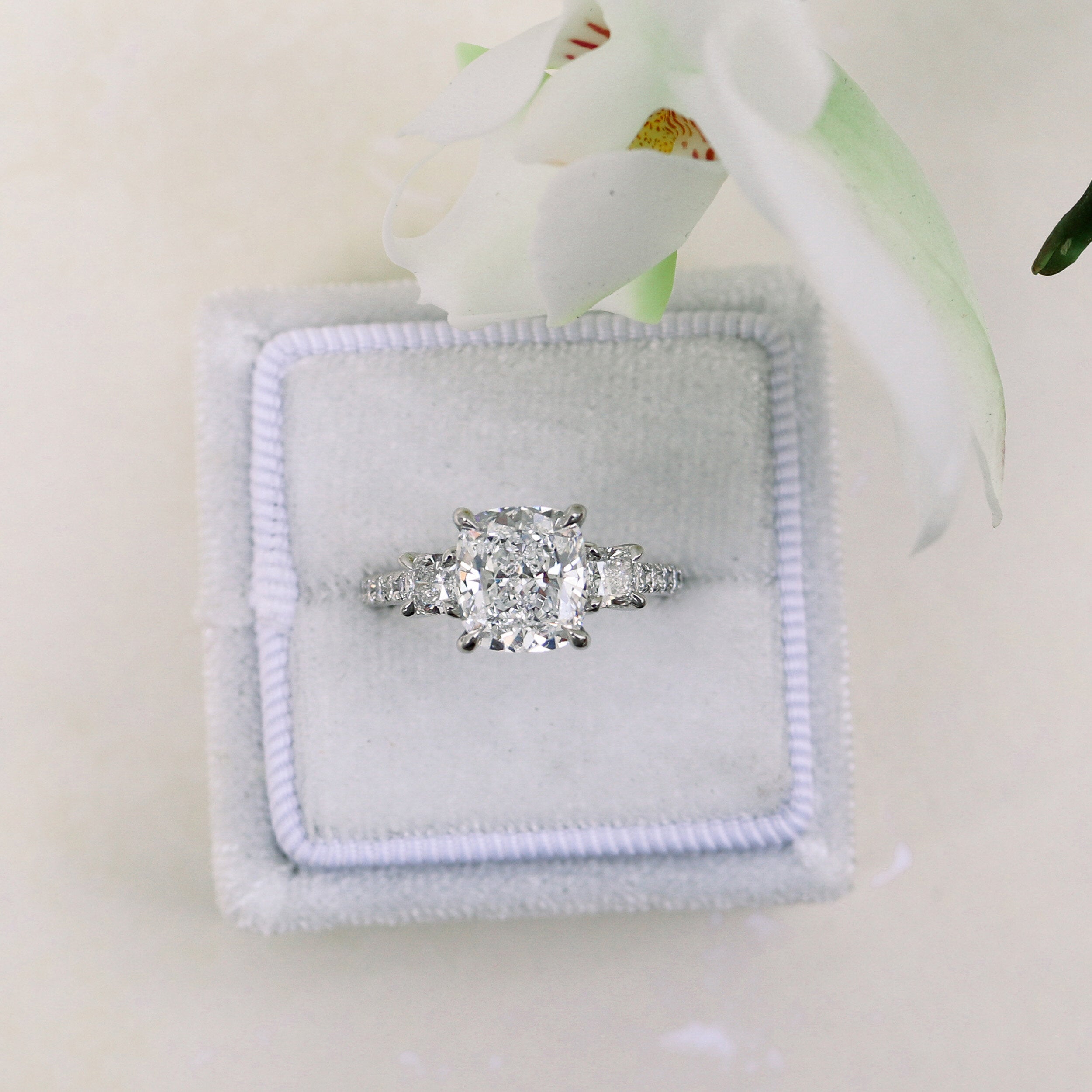 2.50 CT Cushion Moissanite Three Stones Pave Setting Engagement Ring
