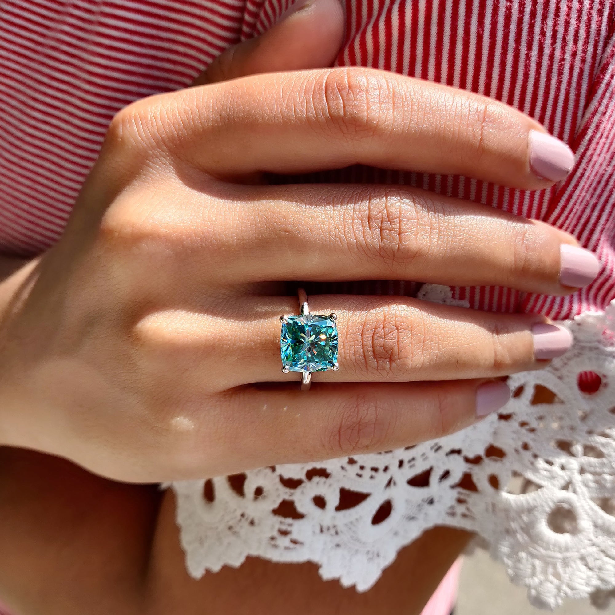 Cyan Blue Cushion Cut Solitaire Ring