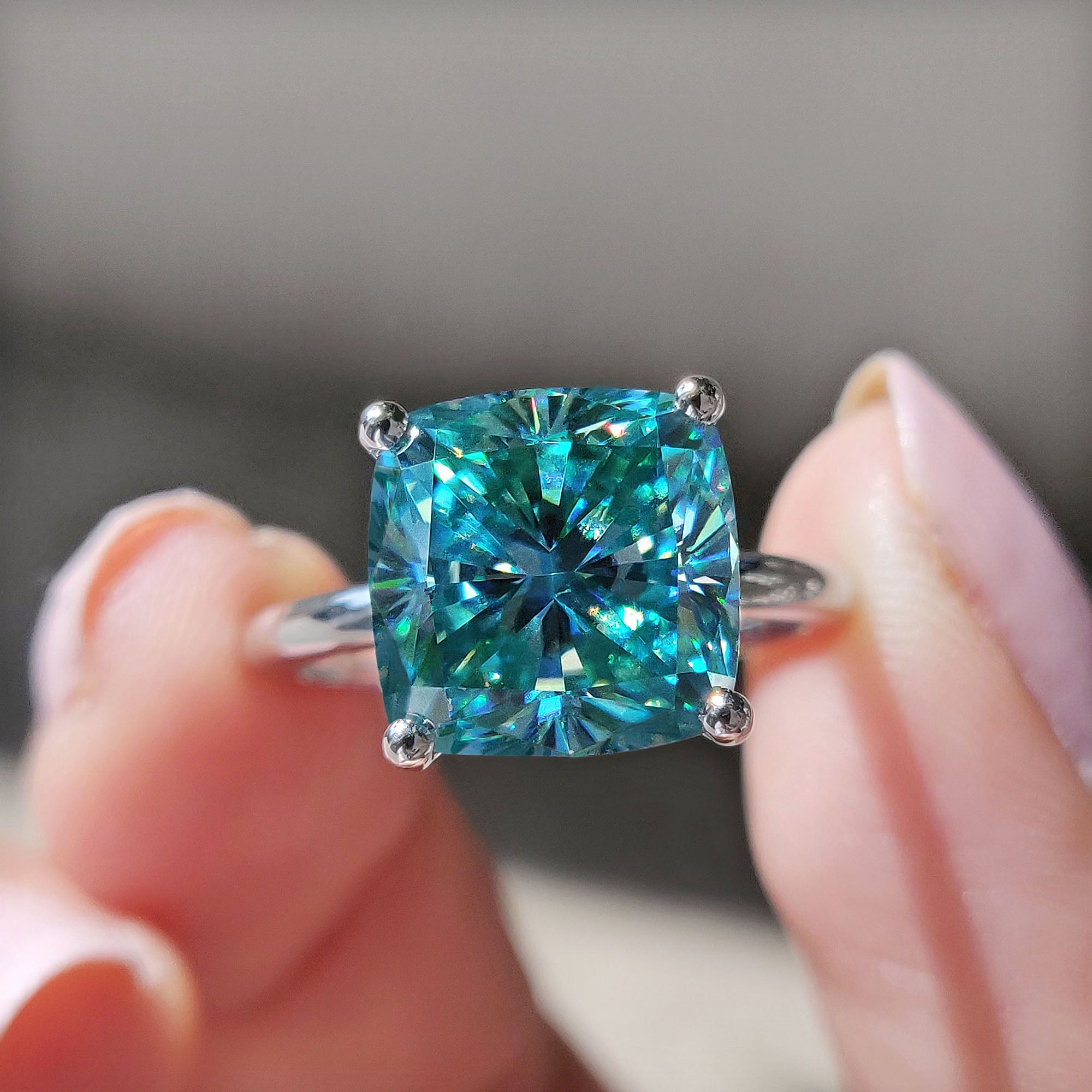 Cyan Blue Cushion Cut Solitaire Ring Main image