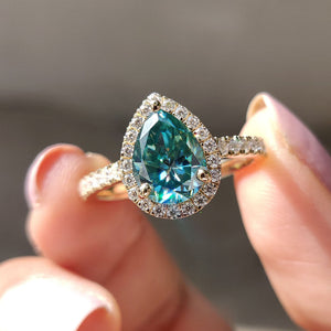 Cyan Blue Pear Cut Engagement Ring In Halo Style