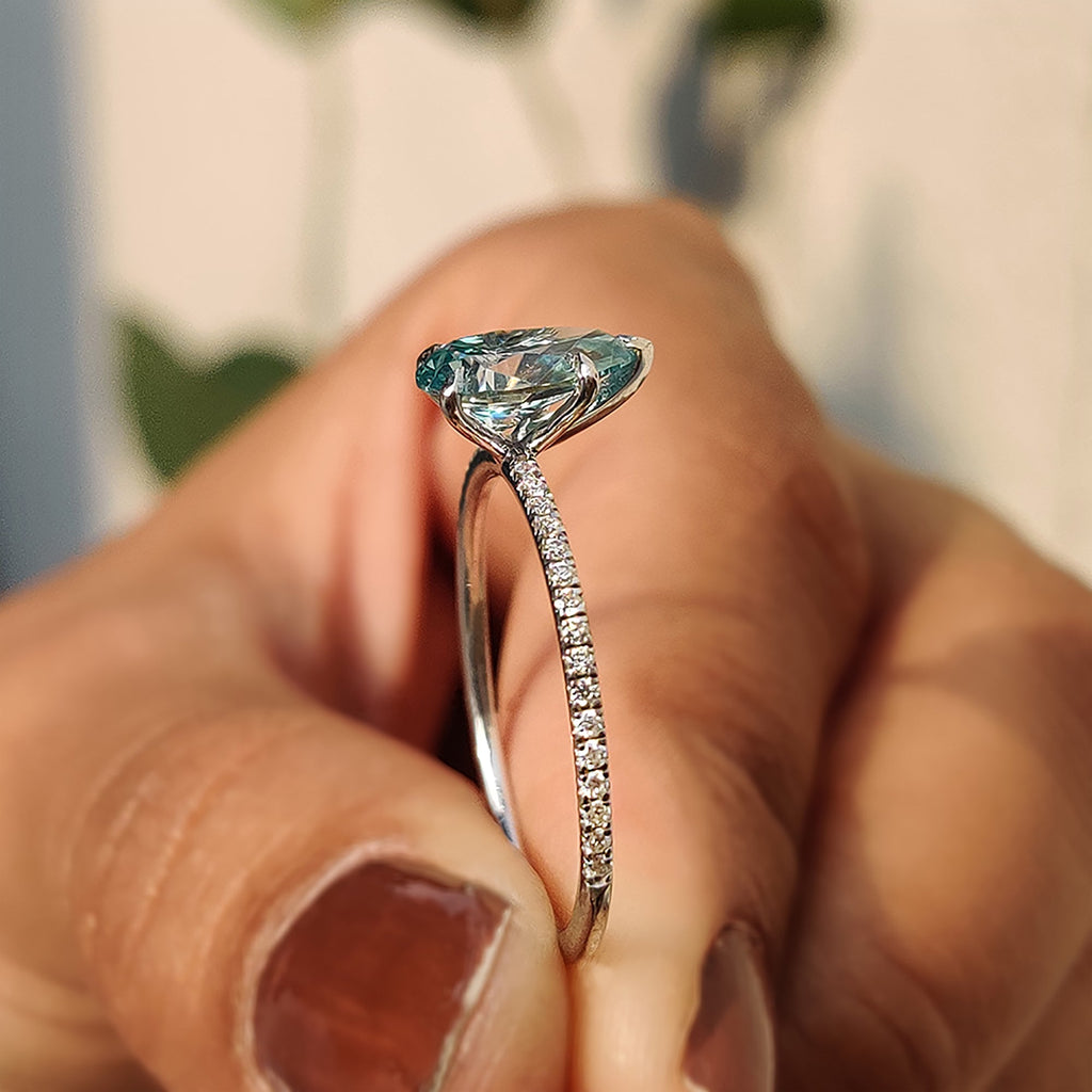 Cyan Blue Pear Shaped Moissanite Ring